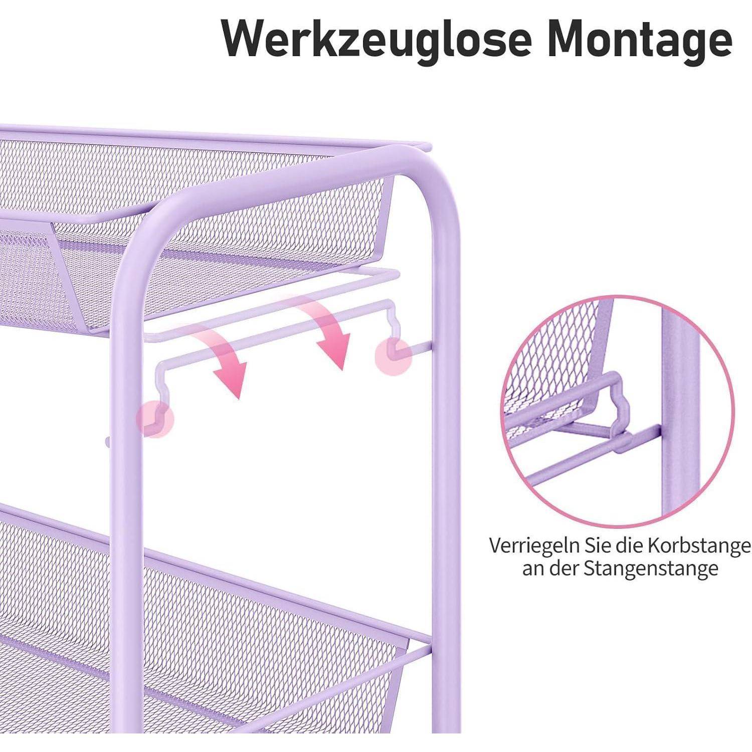 Lila Aufbewahrungsregal mit Montageprozess, bei dem Pfeile zeigen, wie der Korb an der Stange eingehängt wird. Text: 'Werkzeuglose Montage'.