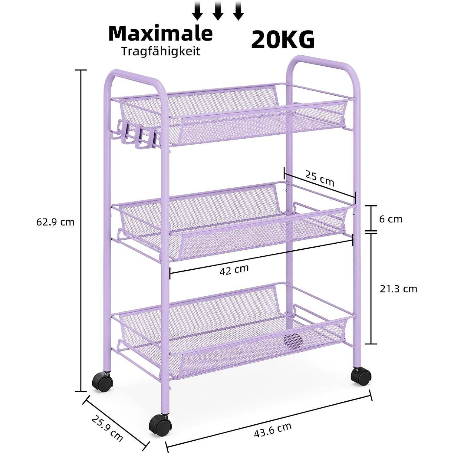 Lila Metallaufbewahrungswagen mit drei Ebenen und Rollen. Abmessungen: 43,6 cm breit, 25,9 cm tief, 62,9 cm hoch. Maximale Traglast: 20 kg.