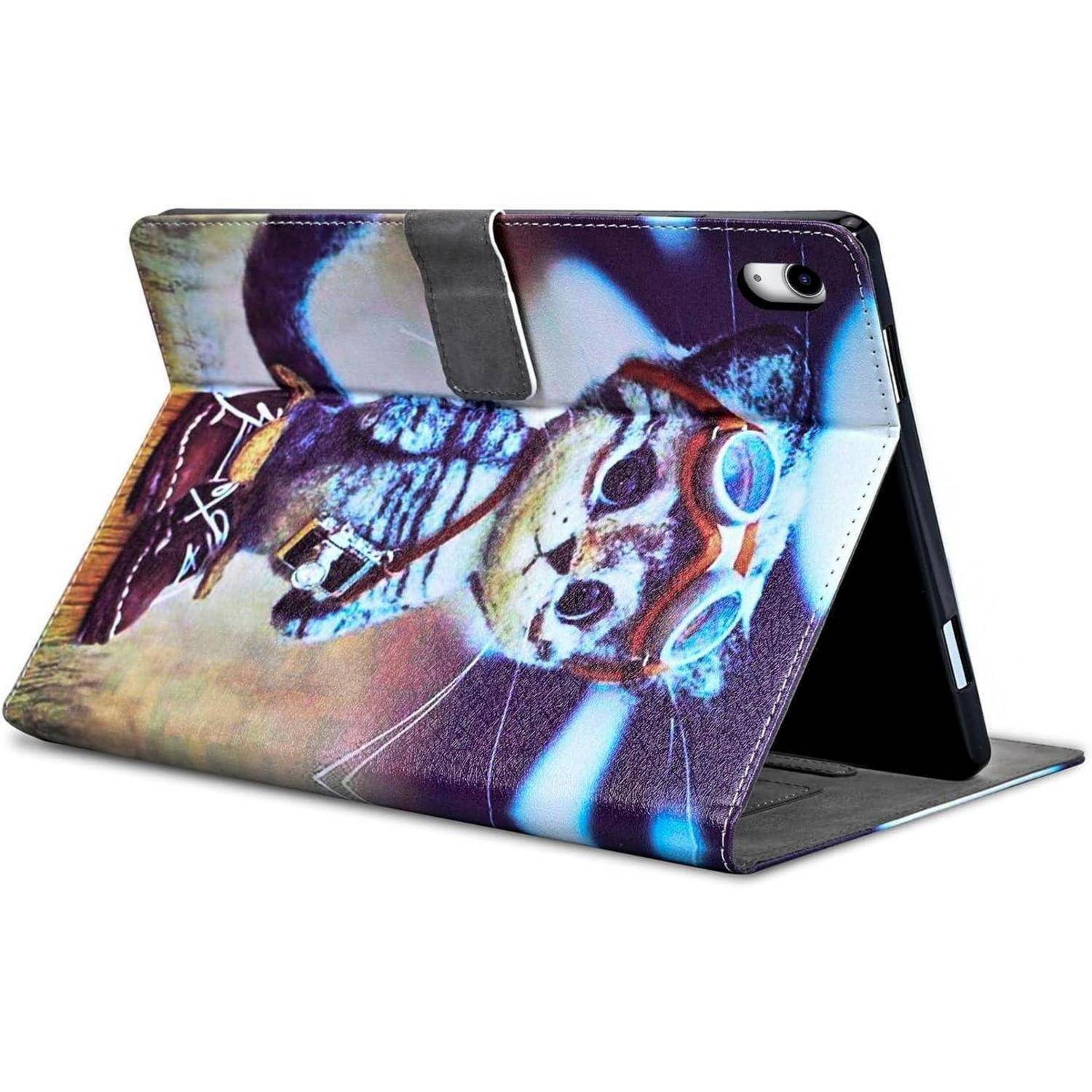 Eine Tablet-Hülle, geöffnet dargestellt, mit einem farbenfrohen Bild einer Katze, die eine orange Sonnenbrille und eine blaue Jeansjacke trägt.