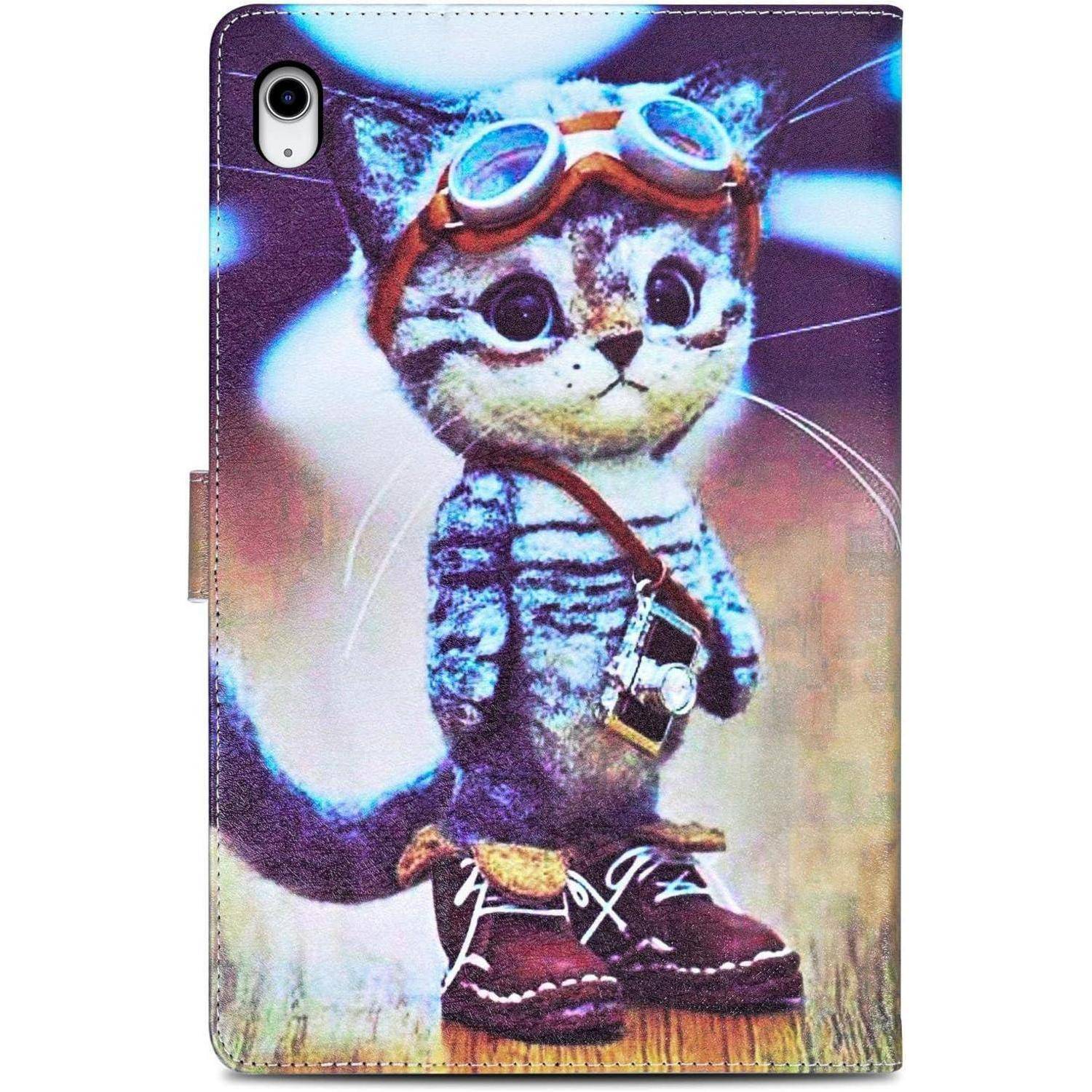 Eine süße Cartoon-Katze, die Pilotenbrille und Stiefel trägt, auf zwei Beinen steht mit einem neugierigen Gesichtsausdruck und ein kleines Gerät hält.