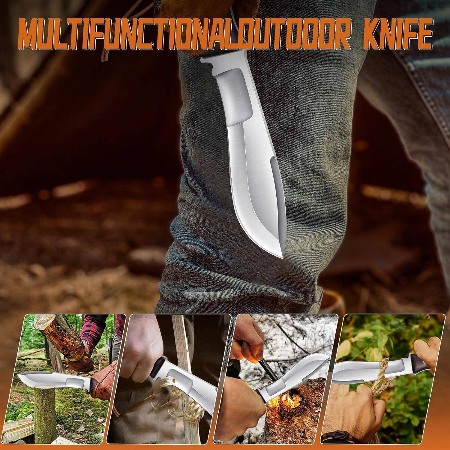 Ein Multitool-Outdoor-Messer, präsentiert vor einem Jeansuntergrund: ausgestattet mit einer robusten Klinge. Kleinansichten zeigen verschiedene Einsatzmöglichkeiten: Holzschneiden, Seil durchtrennen und Lebensmittelzubereitung.