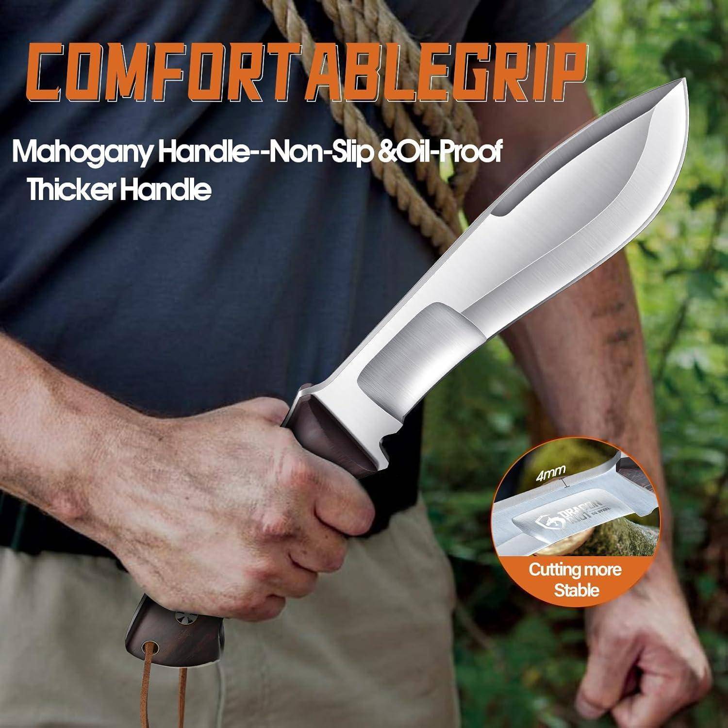 Eine Person hält ein Messer mit einem Mahagoni-Griff, beschriftet mit 'Komfortabler Griff'. Der Text hebt 'Rutschfest & Ölabweisend' und 'Stabileres Schneiden' hervor.