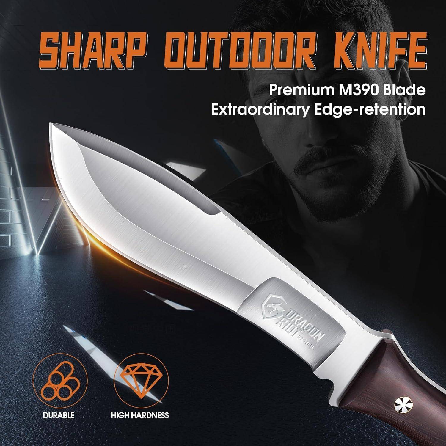 Messer für den Outdoor-Bereich mit scharfer Klinge' mit Premium-M390-Klinge, die Langlebigkeit und hohe Härte hervorhebt. Bild zeigt eine Nahaufnahme des Messers mit Text.