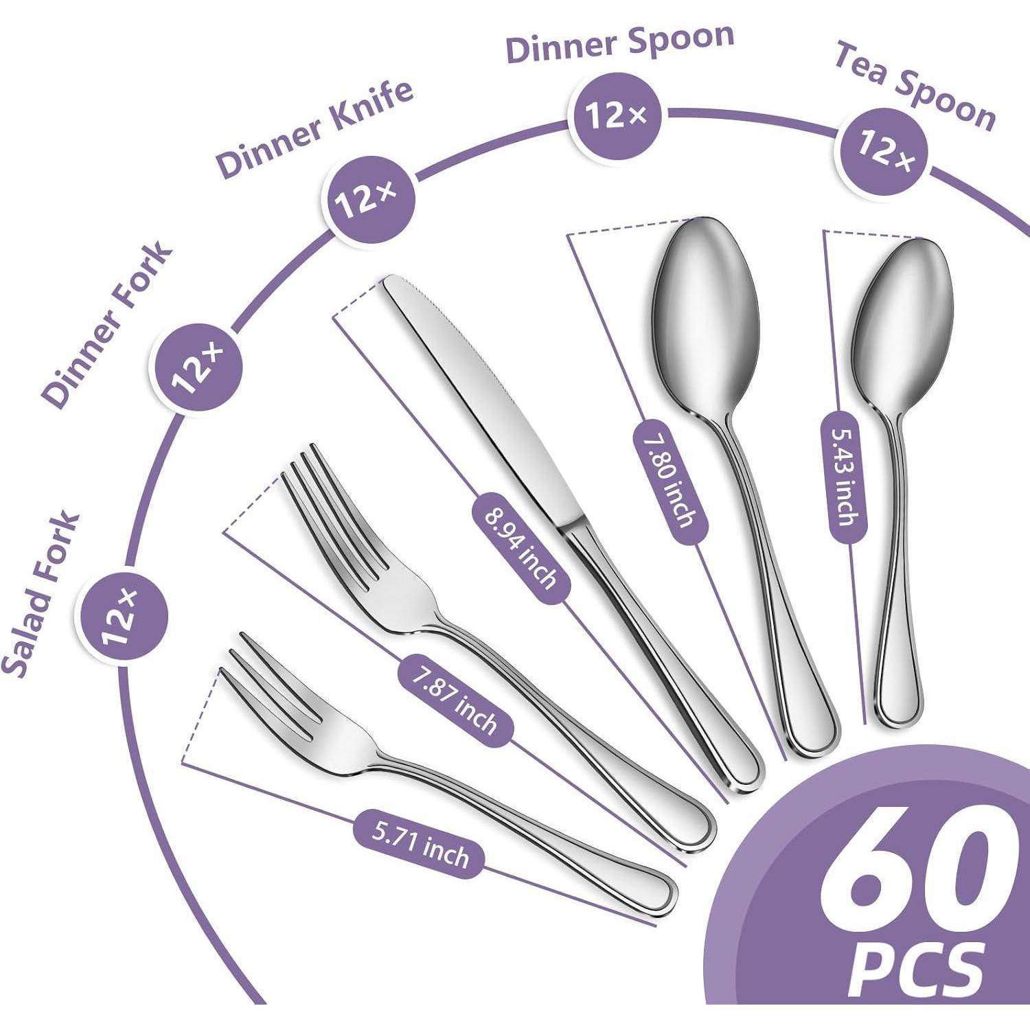 60-teiliges Besteck-Set: 12 Salatgabeln (14,5 cm), 12 Essteller-Gabeln (20 cm), 12 Essteller-Messer (22,7 cm), 12 Esslöffel (19,8 cm), 12 Teelöffel (13,8 cm).