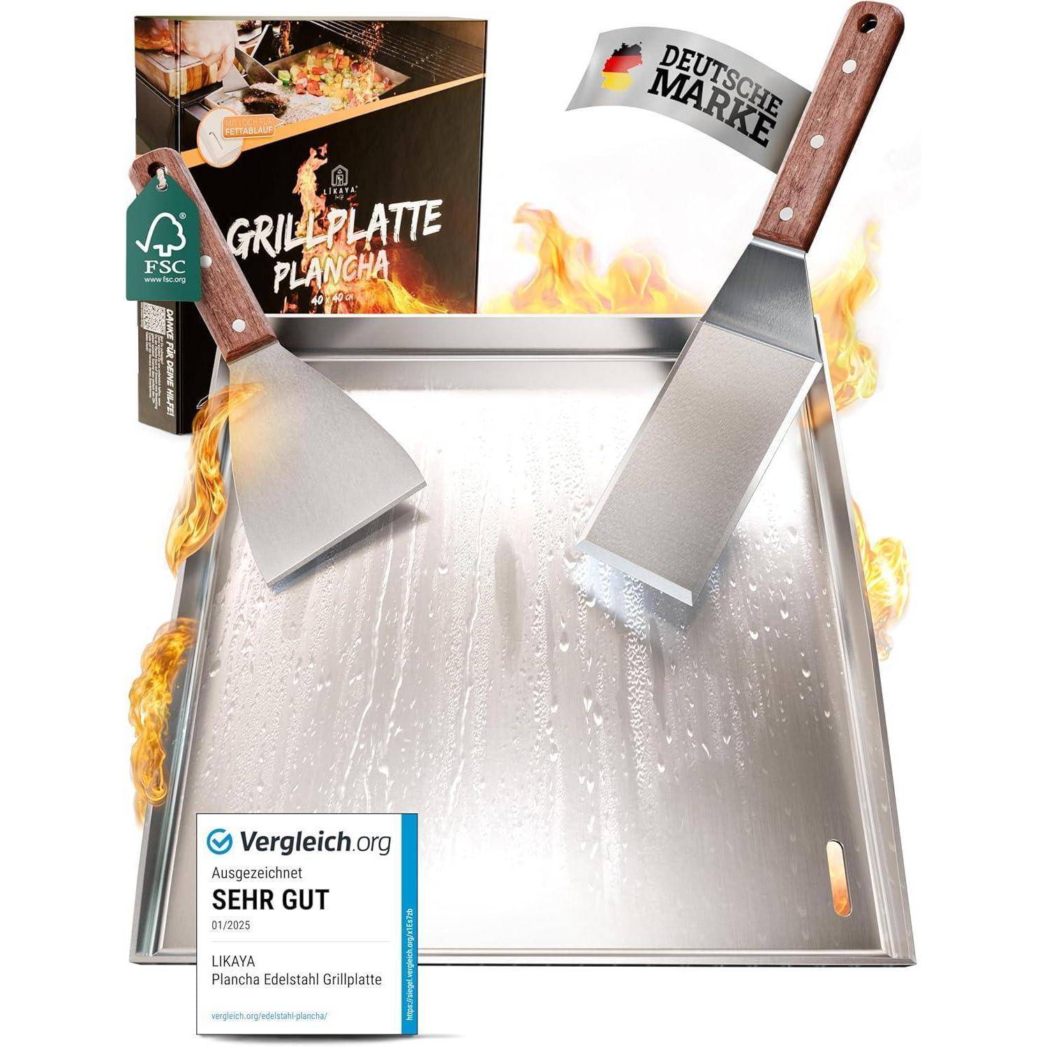 Grillplatte mit zwei Spateln, versehen mit einer deutschen Flagge und einem Auszeichnungszertifikat mit der Aufschrift 