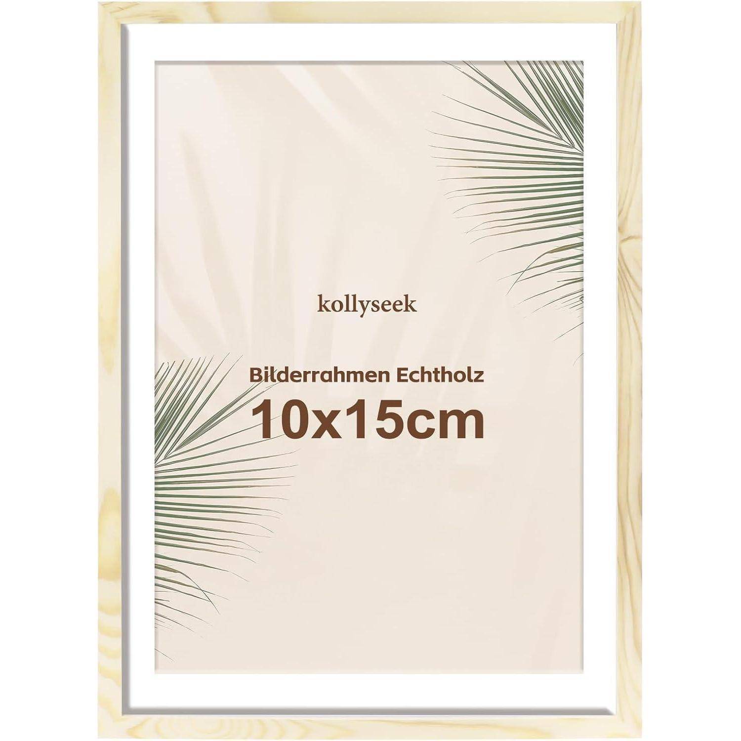 Kollyseek Bilderrahmen Echtholz 10x15cm' steht in brauner Schrift auf einem Bild, das einen Holzbilderrahmen mit Palmblattdesigns zeigt.