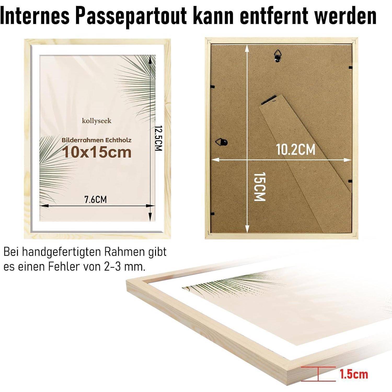 Ein Holz-Bilderrahmen mit Abmessungen von 10x15 cm wird gezeigt. Eine Skizze veranschaulicht ein herausnehmbares Panel und vermerkt einen möglichen Fehler von 2-3 mm.