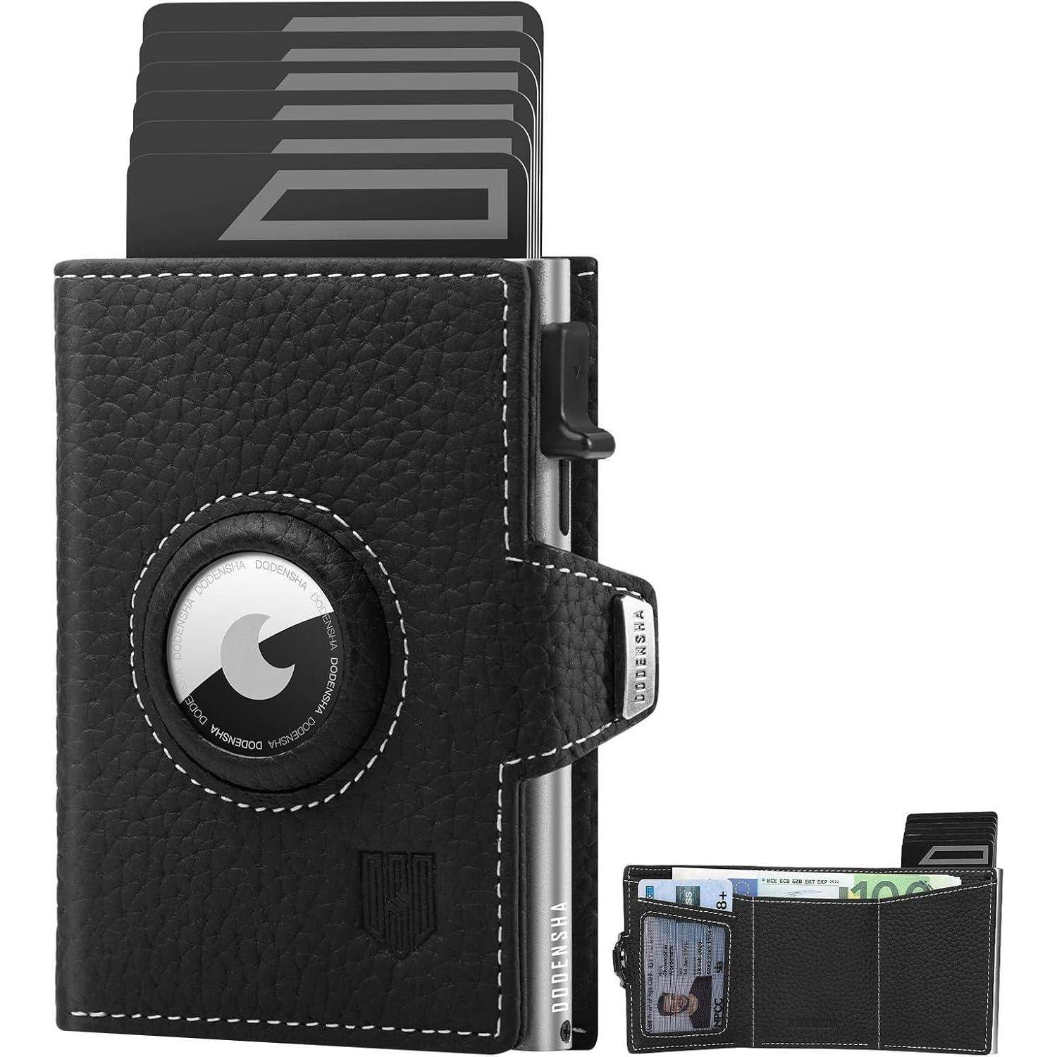 Eine schwarze Lederbrieftasche mit integriertem Kartenhalter, der mehrere Karten, einen kreisförmigen Personalausweis-Schlitz und einen Banknotenfach enthält; kompakt und elegant.