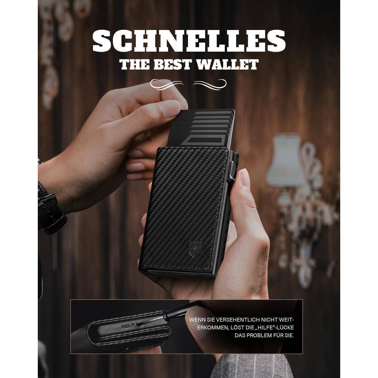 Eine Hand, die einen schwarzen Geldbeutel mit Kartenfächern hält; Text lautet „Schnelles The Best Wallet