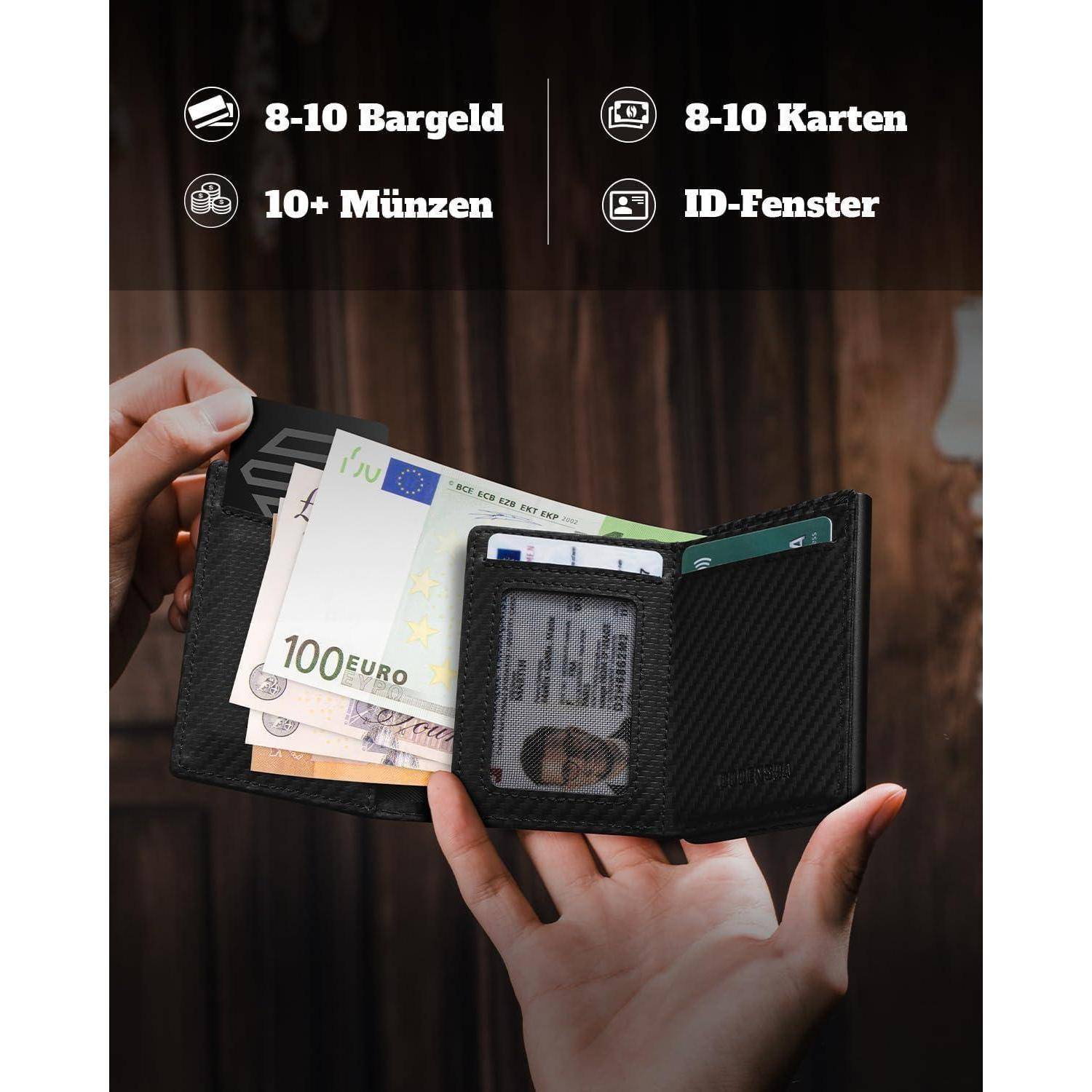 Hände, die einen schwarzen Geldbeutel mit Euro-Banknoten und einem Personalausweis halten, wobei demonstriert wird, dass er Platz für 8-10 Banknoten, 8-10 Karten und ein Ausweisfach bietet.