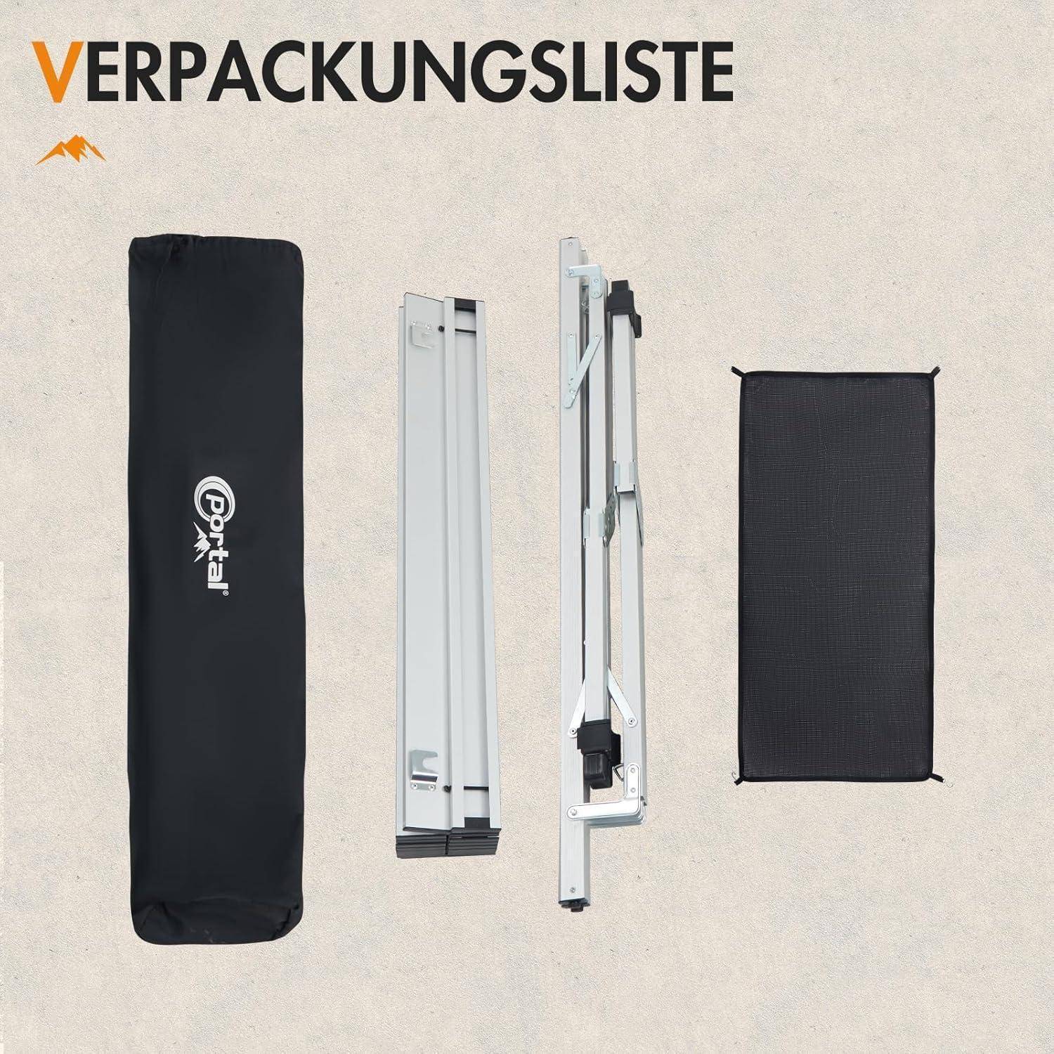 Verpackungsliste zeigt gefaltete Teile eines Campingtisches: ein schwarzes Gehäuse, Metallrahmenabschnitte und eine Netzbespannung nebeneinander.