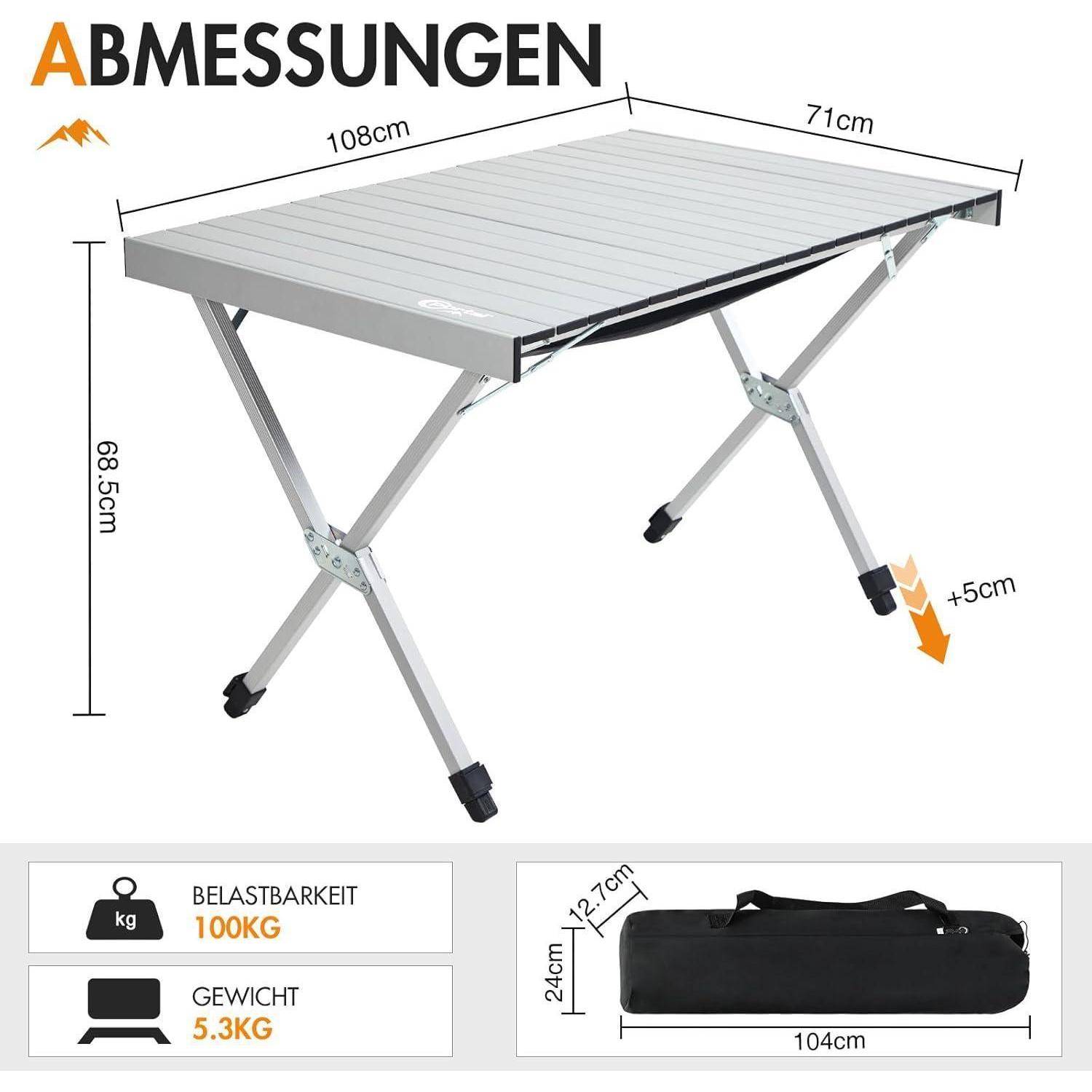 Aluminium Klapptisch Abmessungen: 108 cm Länge, 71 cm Breite, 68,5 cm Höhe. Maximale Belastung: 100 kg. Gewicht: 5,3 kg.Inklusive Tragetasche.