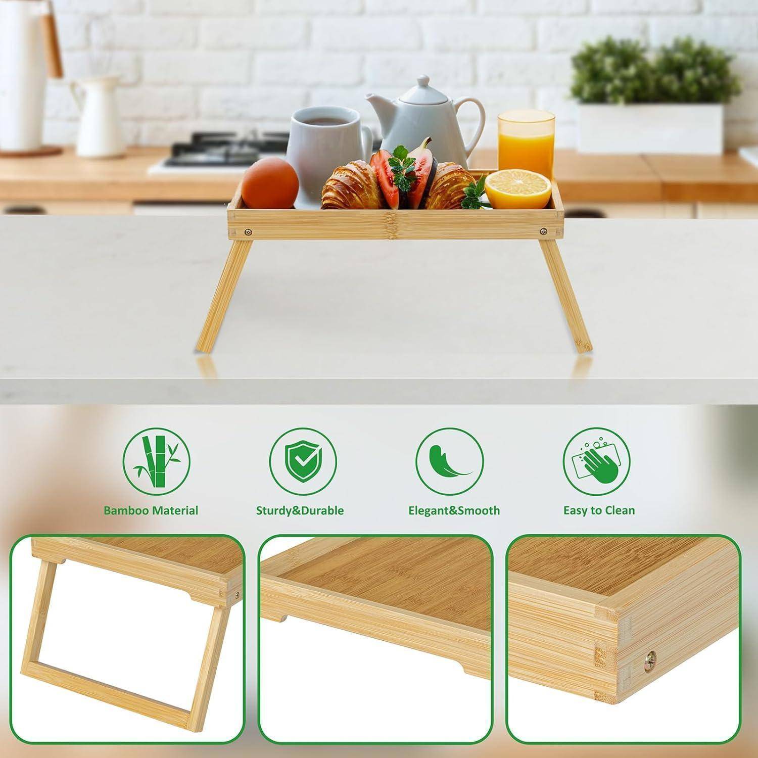 Ein Bambus-Frühstückstablett steht auf einer Küchenarbeitsplatte und trägt eine Teekanne, Tassen, Obst und Orangensaft. Icons darunter heben Material, Haltbarkeit, Eleganz und Leichtigkeit der Reinigung hervor.