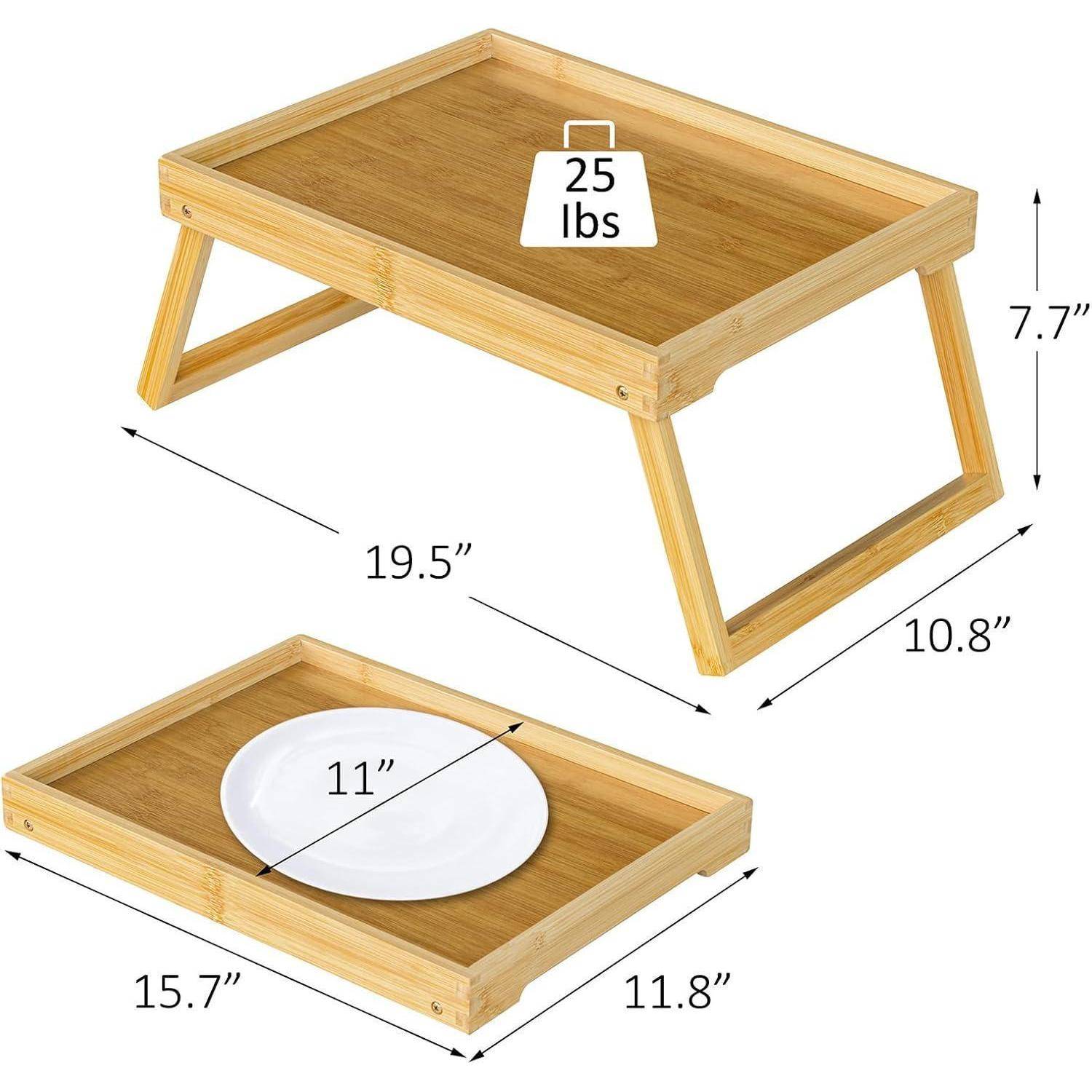 Holz-Betttablett mit klappbaren Beinen; Abmessungen: 49,5 cm x 27,4 cm x 19,6 cm. Das zusammengeklappte Tablett fasst einen 28 cm Teller. Traglast beträgt 11,3 kg.