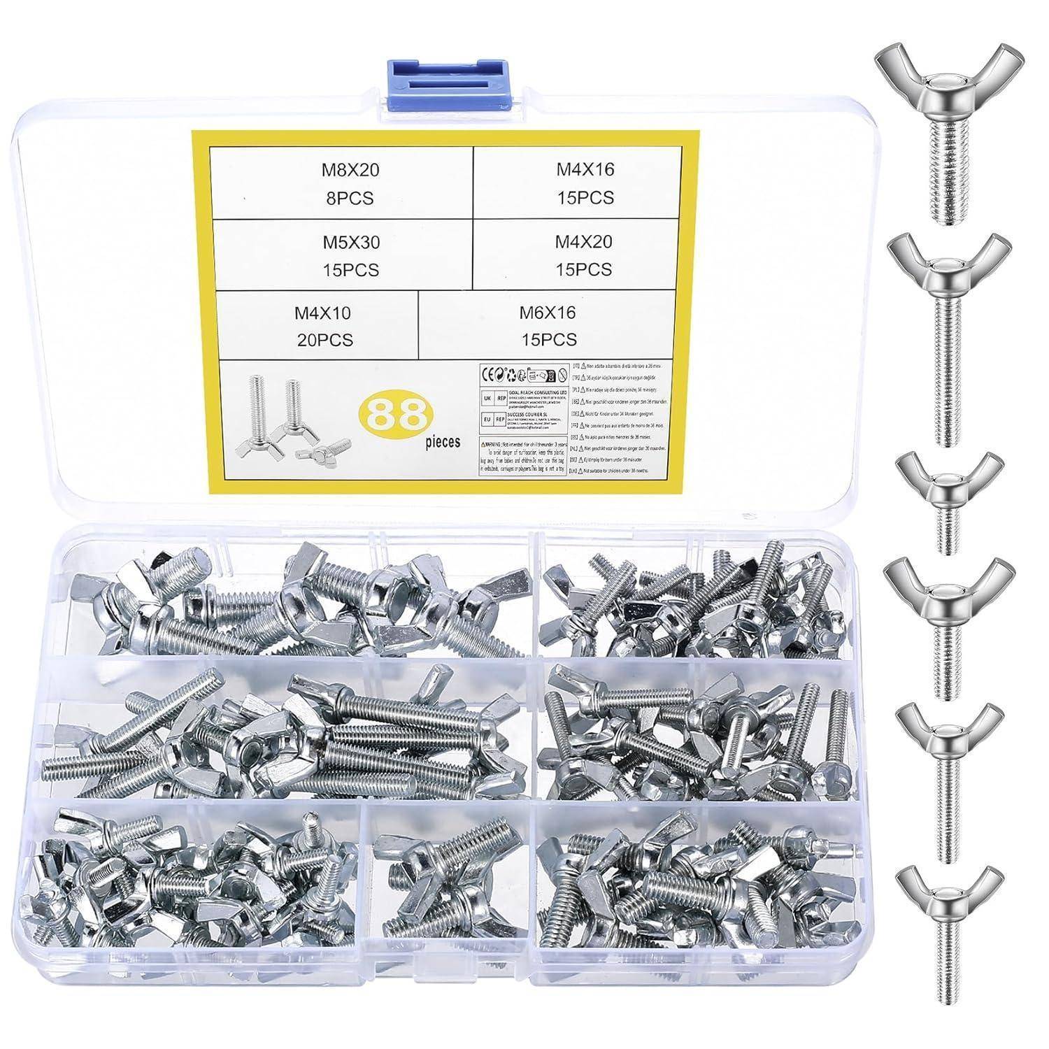Flügelmuttern-Sortimentsset mit verschiedenen Größen und Mengen, gekennzeichnet in einer transparenten Box mit Fächern; umfasst Varianten von M8x20, M5x30, M4x10, M4x16, M6x16. Insgesamt 88 Stück.