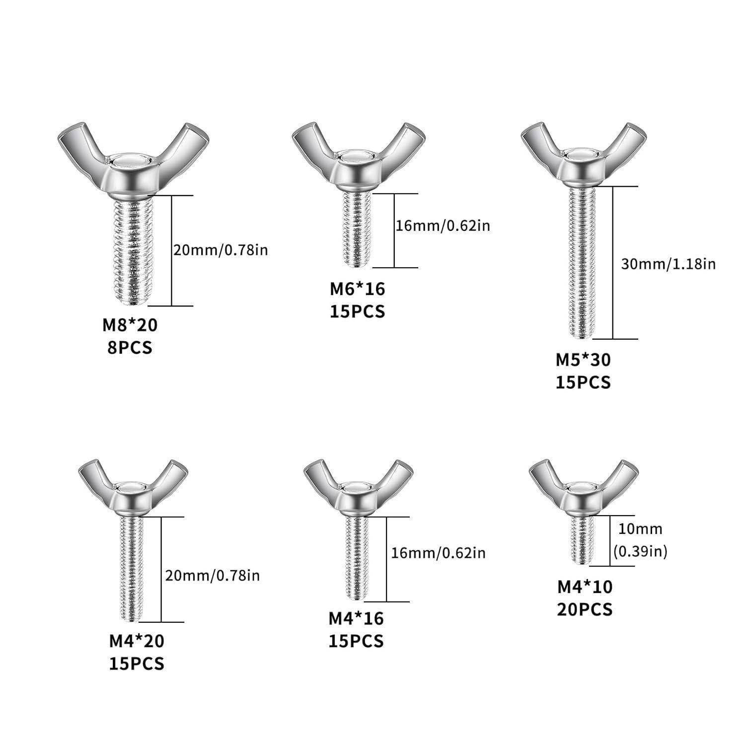 Darstellung verschiedener Flügelschraubengrößen: M8*20, M6*16, M5*30, M4*20, M4*16, M4*10 mit entsprechenden Abmessungen und Mengen.