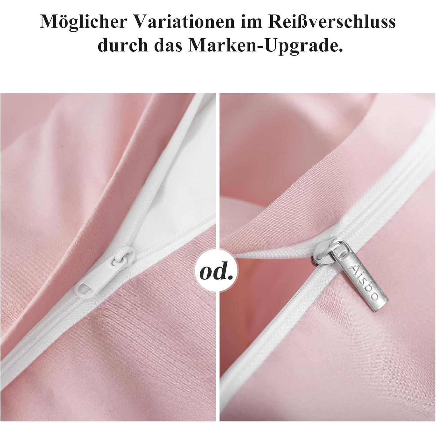 Eine Nahaufnahme, die zwei verschiedene weiße Reißverschlüsse auf rosa Stoff vergleicht und mögliche Variationen der Reißverschlussziehungen mit der Markierung 