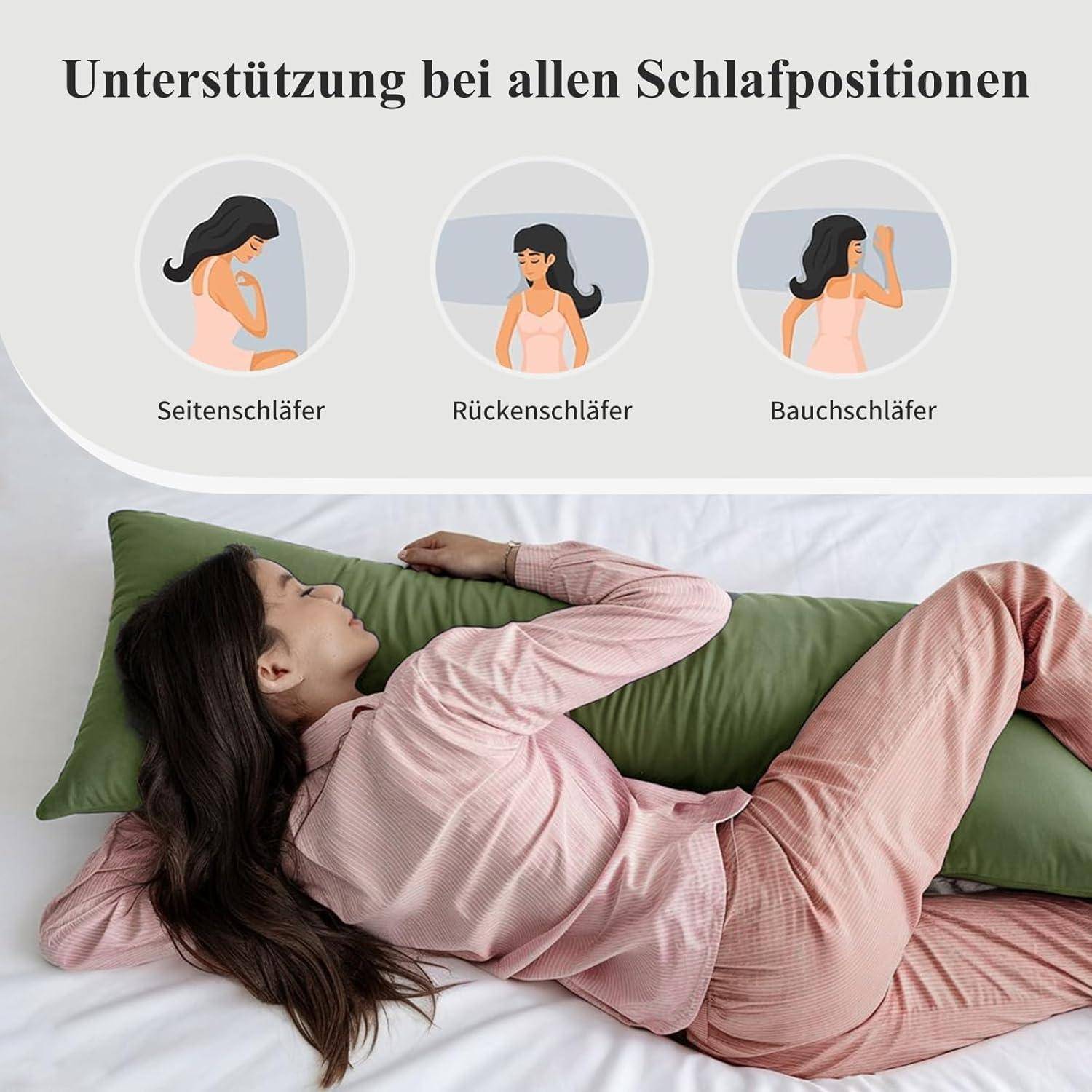 Unterstützung bei allen Schlafpositionen.' Drei Illustrationen zeigen Seitenschläfer, Rückenschläfer und Bauchschläfer. Darunter schläft eine Person seitlich mit einem grünen Kissen.