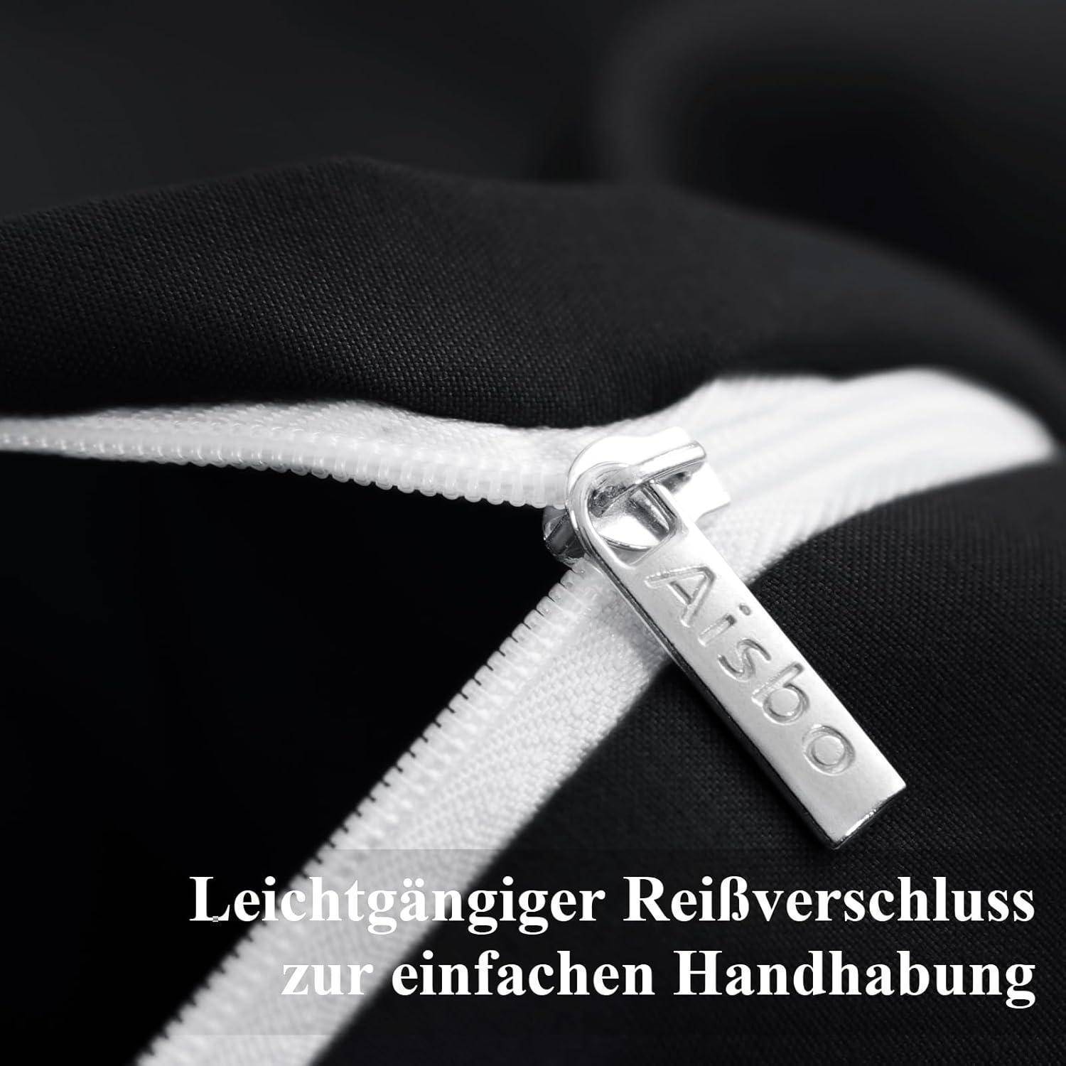 Eine Nahaufnahme eines Reißverschlusses mit einem Metallzug, auf dem 'Aisbo' auf schwarzem Stoff markiert ist, mit einer Bildunterschrift auf Deutsch, die seine Benutzerfreundlichkeit hervorhebt.