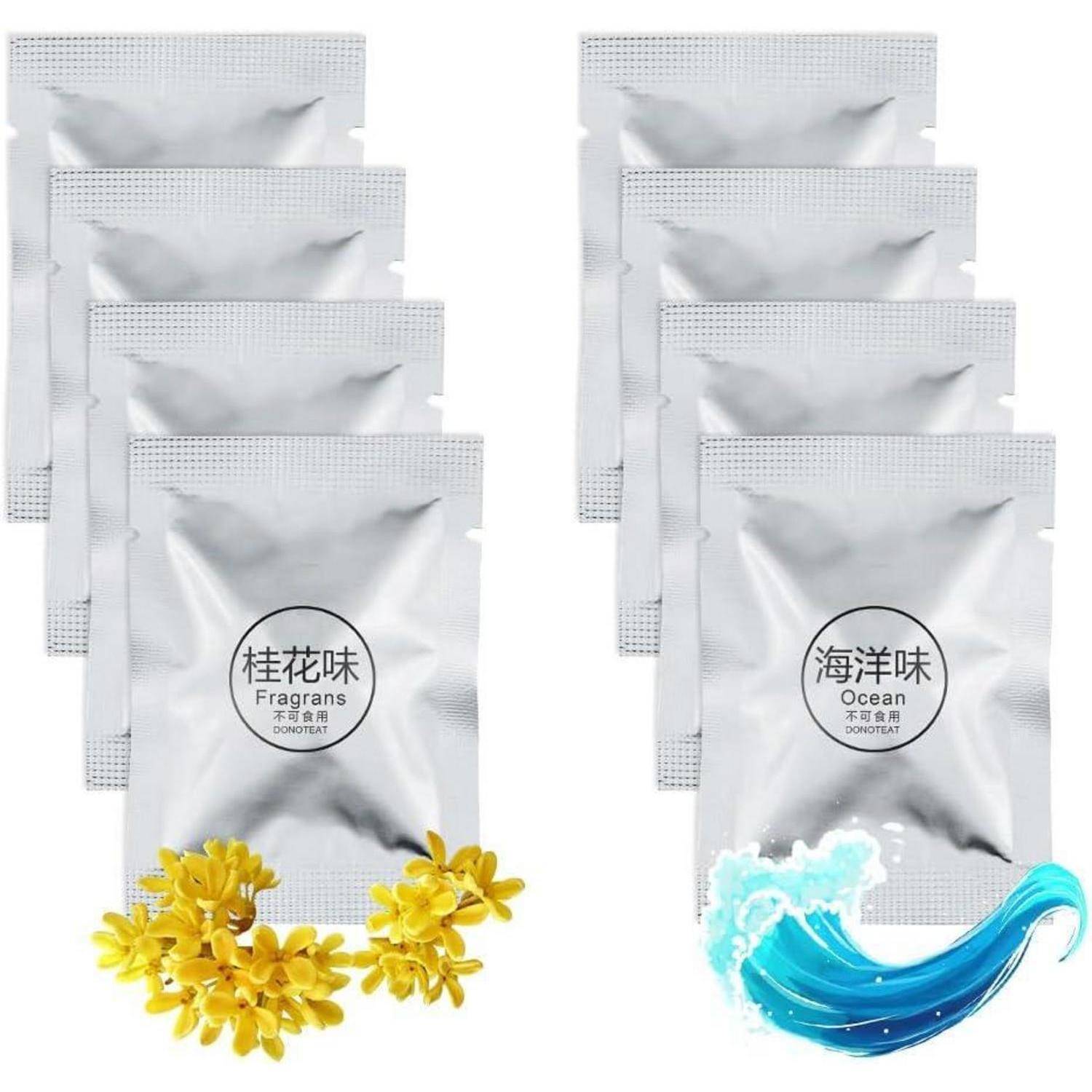 Acht Duftsäckchen, vier mit der Bezeichnung 'Fragrans' und gelben Blumen, und vier mit der Bezeichnung 'Ocean' und einem Wasserspritzerdesign.