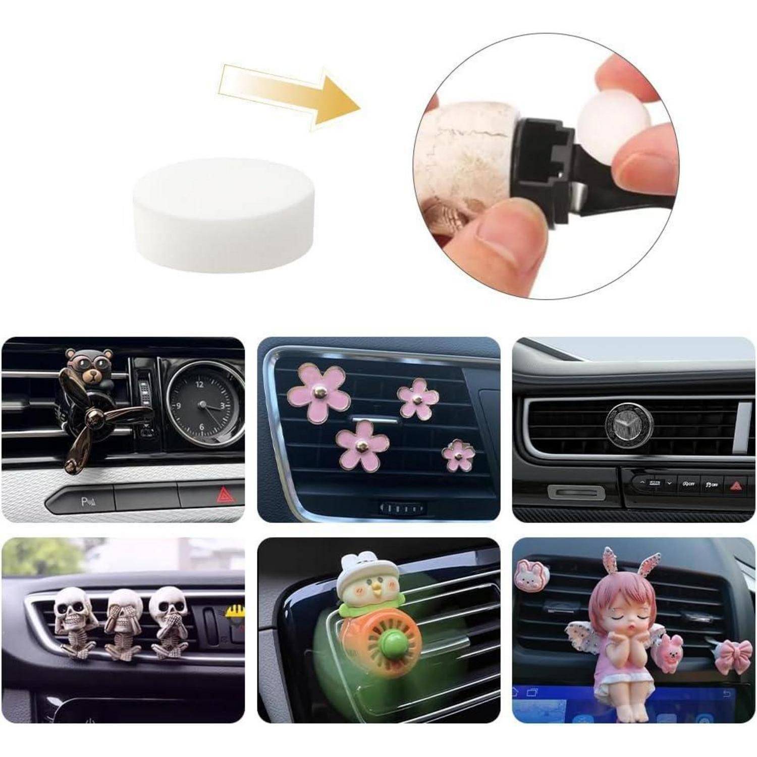 Autolüftungsdekorationen: weiße Scheibe zur Befestigung, verschiedene Ornamente einschließlich Blume, Bär, Totenkopf und Figuren, jeweils an den Autolüftungsschlitzen.