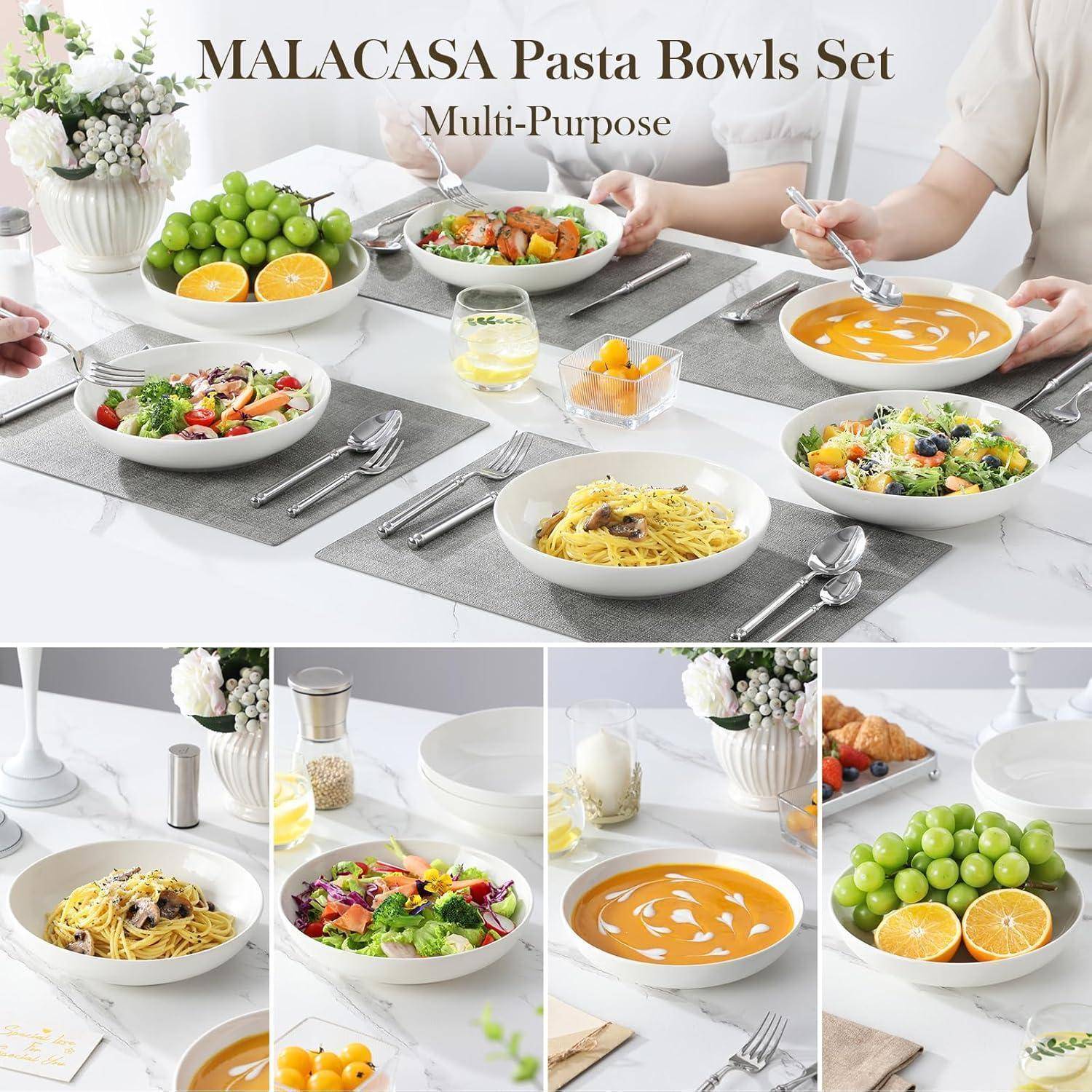 Ein Esstisch, gedeckt mit verschiedenen Gerichten in weißen Malacasa Pastatellern. Eingesetzte Bilder zeigen Pasta, Salat, Suppe und Obstgerichte.