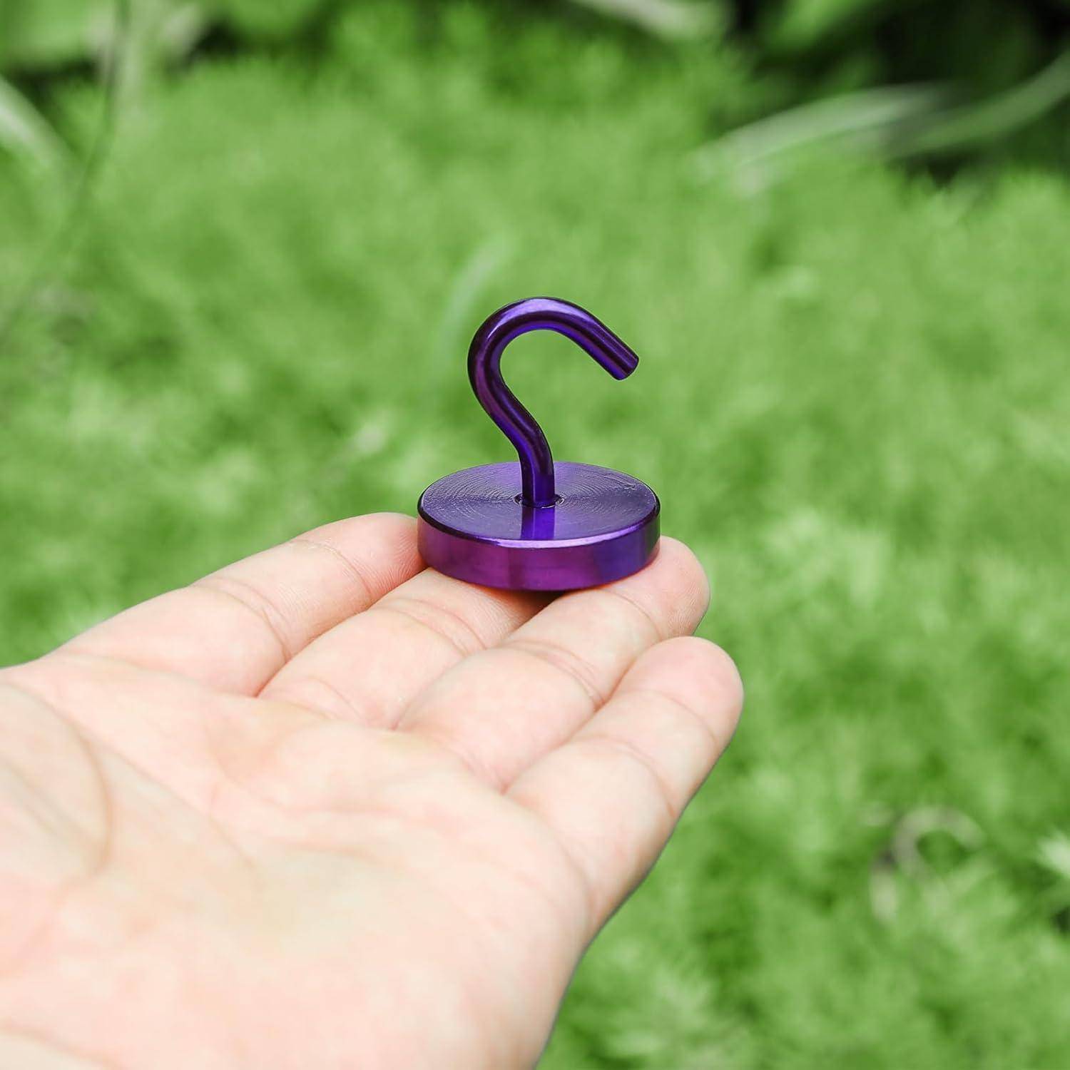 Eine Hand hält einen kleinen, violetten, magnetischen Haken vor einem unscharfen, grasigen Hintergrund.