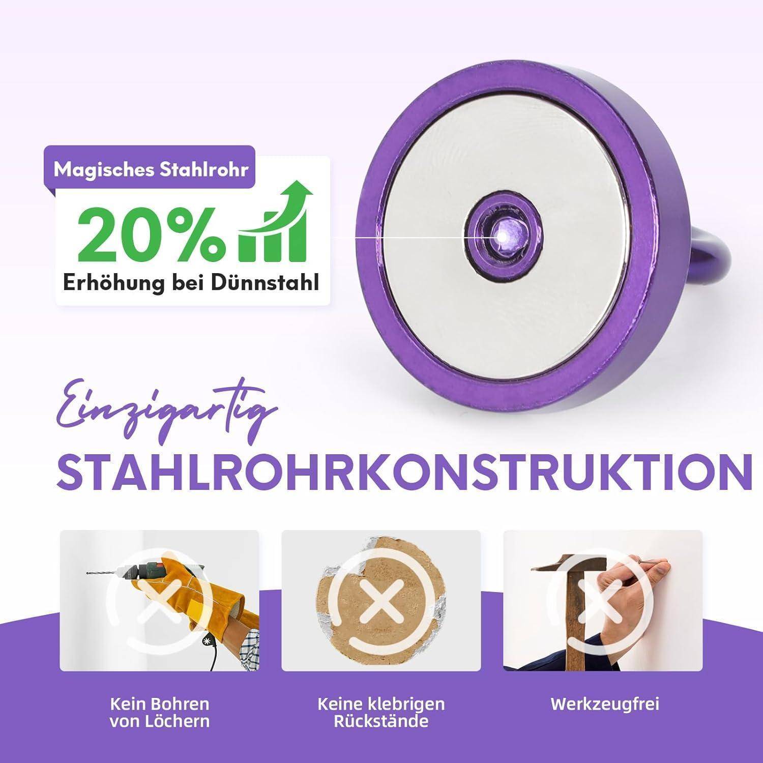 Magisches Stahlrohr. 20% Erhöhung bei Dünnstahl.' Bild zeigt ein rundes Metallobjekt. Text: 'Einzigartige STAHLROHRKONSTRUKTION.' Kein Bohren, kein Rückstand, werkzeugfrei.