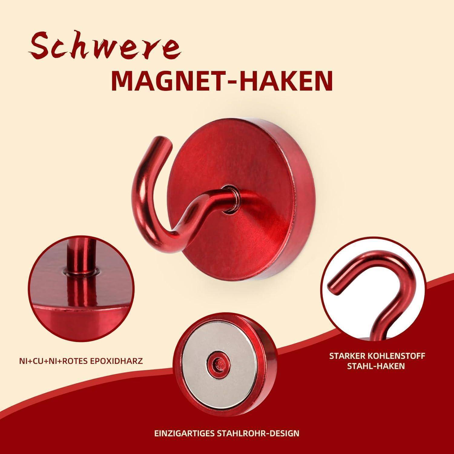 Schwere Magnet-Haken' in roter Schrift über drei Bildern von roten Magnethaken. Hervorgehobene Merkmale: Ni+Cu+Ni+rotes Epoxid, starker Kohlenstoffstahl, einzigartige Stahlrohrgestaltung.