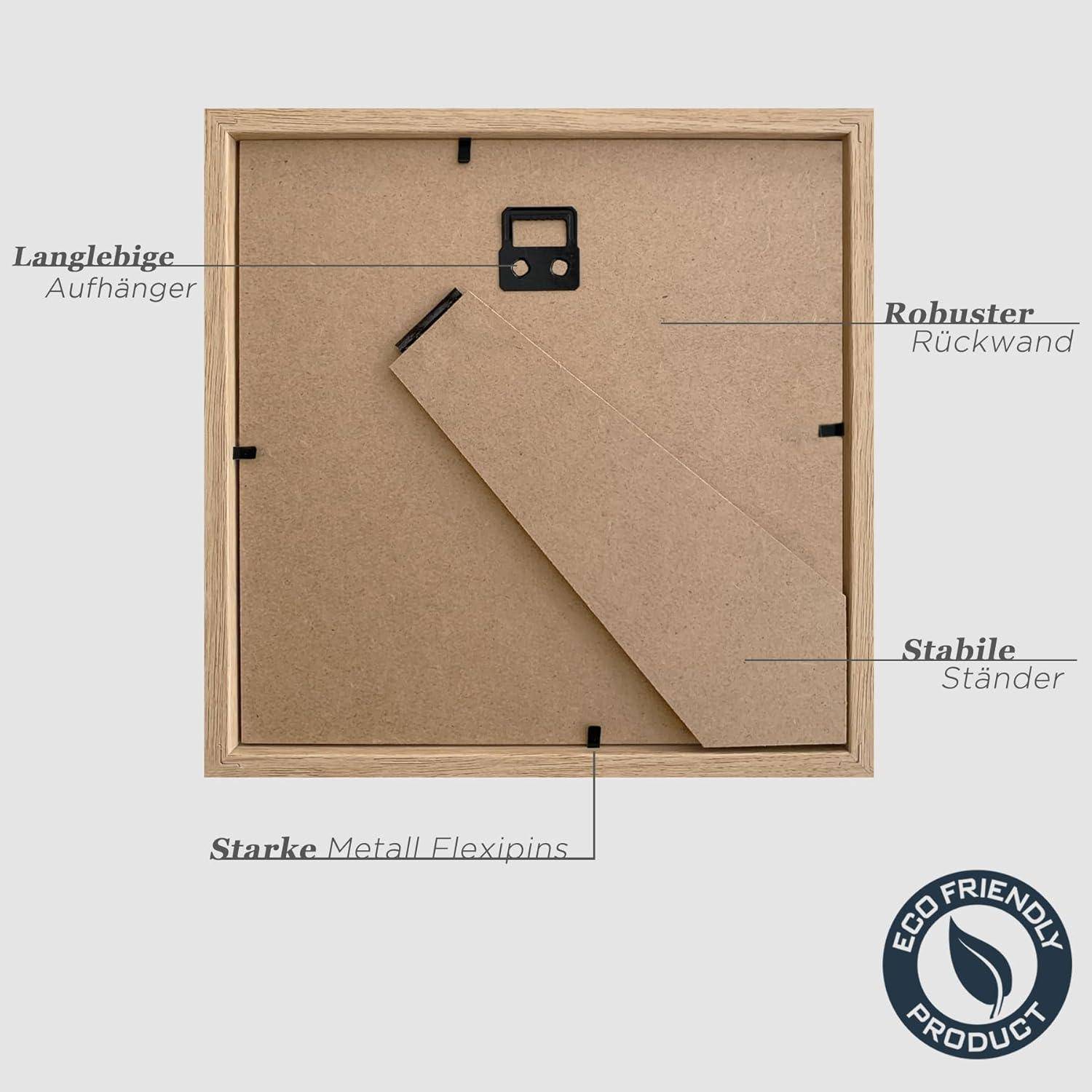 Rückansicht eines Bilderrahmens mit robustem Aufhänger, stabiler Rückseite, festem Ständer und starken Metallgelenkstifte. Siegel für umweltfreundliches Produkt.