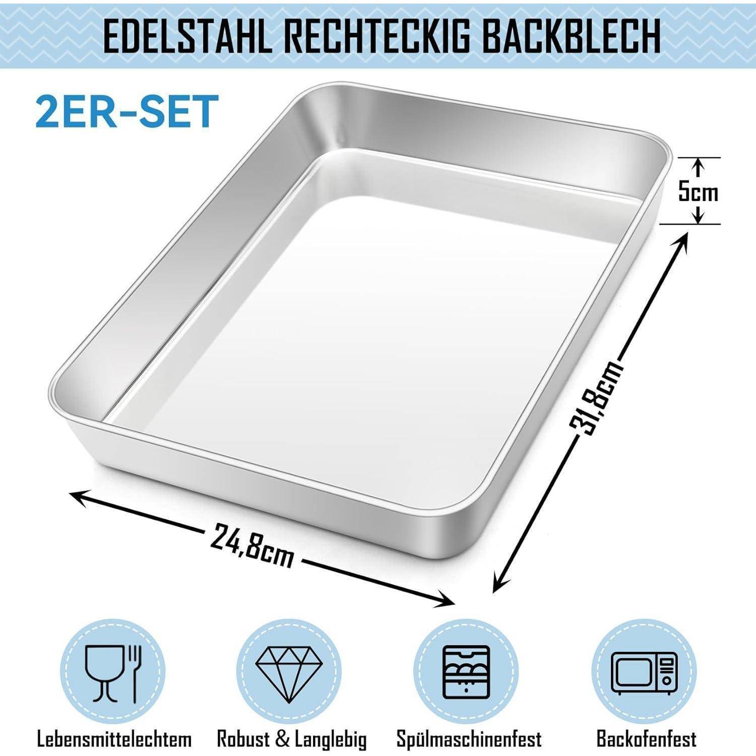 Rechteckiges Edelstahl-Backformen-Set. Enthält zwei Formen, jeweils 31,8 cm x 24,8 cm x 5 cm. Eigenschaften sind lebensmittelecht, langlebig, spülmaschinenfest und backofengeeignet.