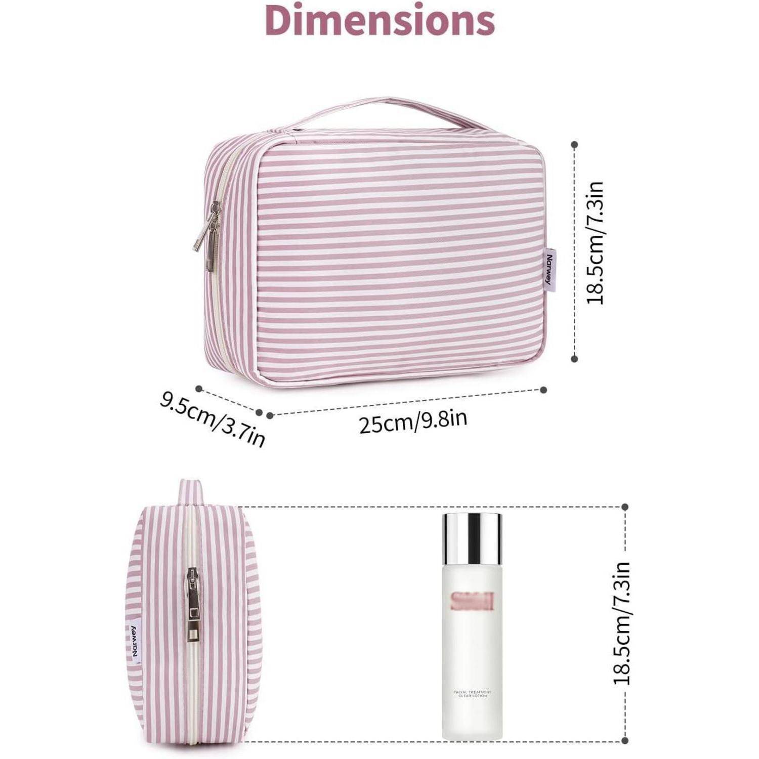 Bild zeigt eine gestreifte Kosmetiktasche mit Abmessungen: 25 cm/9,8 Zoll breit, 18,5 cm/7,3 Zoll hoch und 9,5 cm/3,7 Zoll tief.