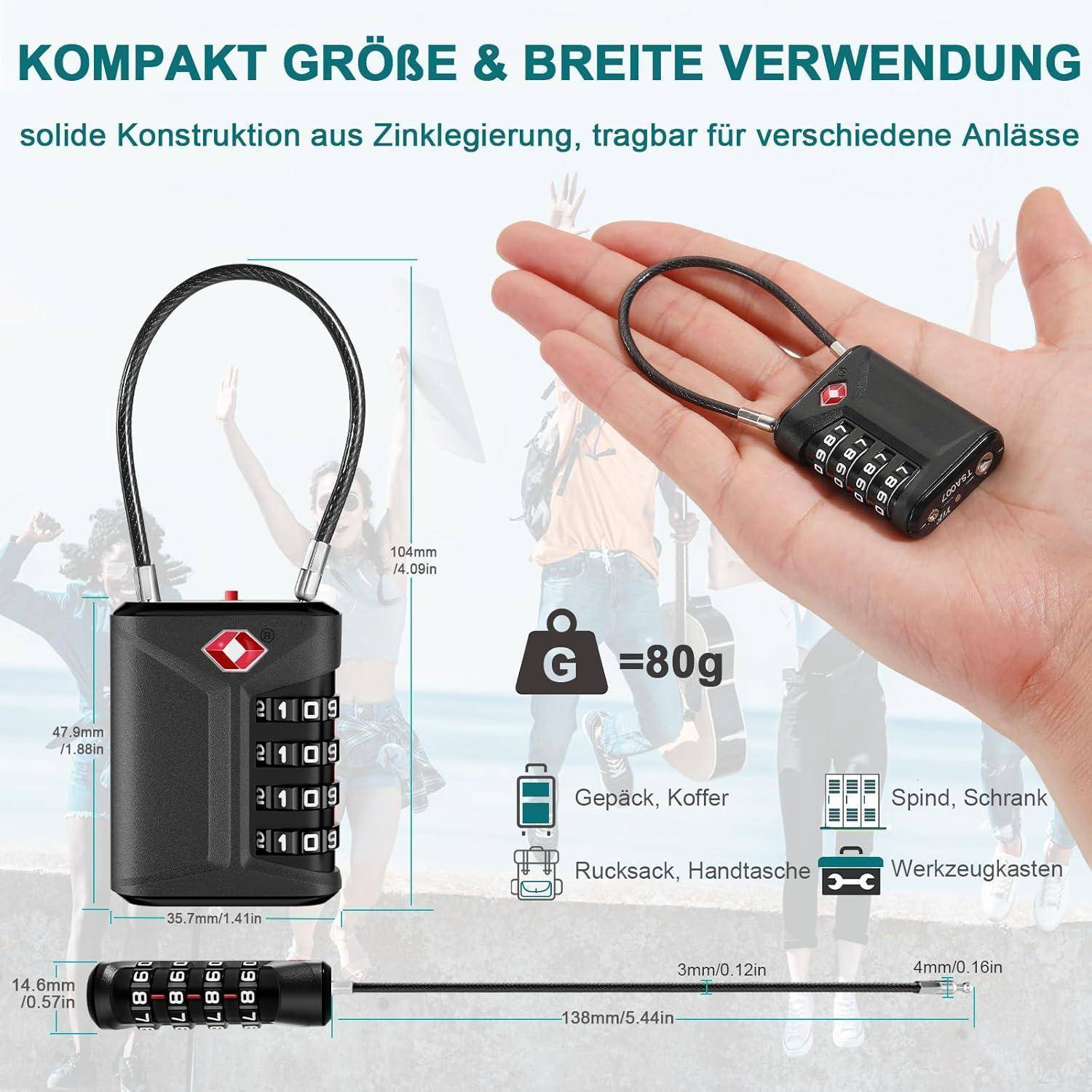 Eine Person, die ein kompaktes Zahlenkombinationsschloss hält. Beschreibungen heben seine robuste Zinkbauweise und vielseitige Verwendungsmöglichkeiten für Gepäck und Taschen hervor.