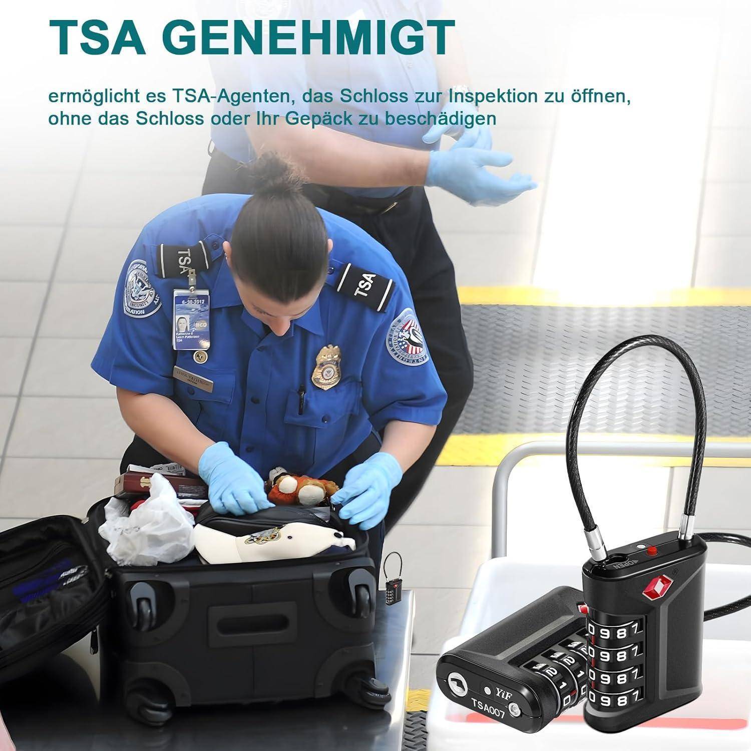Ein TSA-Beamter untersucht Gepäck mit einem Schloss. Das Bild zeigt ein TSA-zugelassenes Schloss und hebt dessen Sicherheitsmerkmale und einfache Zugänglichkeit hervor.