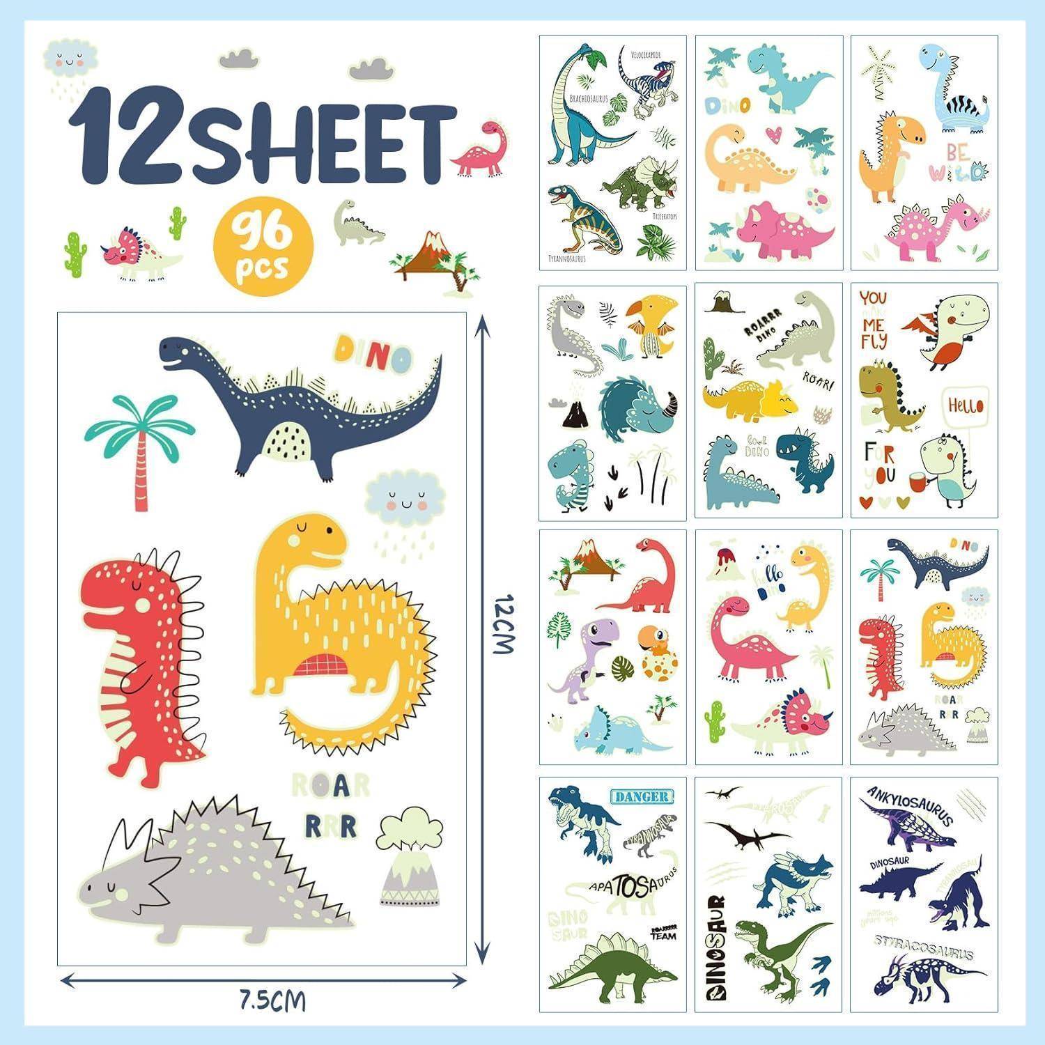 Ein Set mit 12 Blättern mit farbenfrohen Dinosaurier-Stickern in verschiedenen Posen und Ausdrücken, einschließlich Sprechblasen mit verspielten Texten.