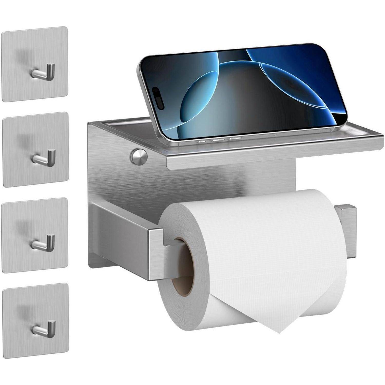 Wandmontierter Toilettenpapierhalter aus Edelstahl mit Telefonablage, ausgestattet mit Klebehaken an der Seite zum Aufhängen kleiner Gegenstände.