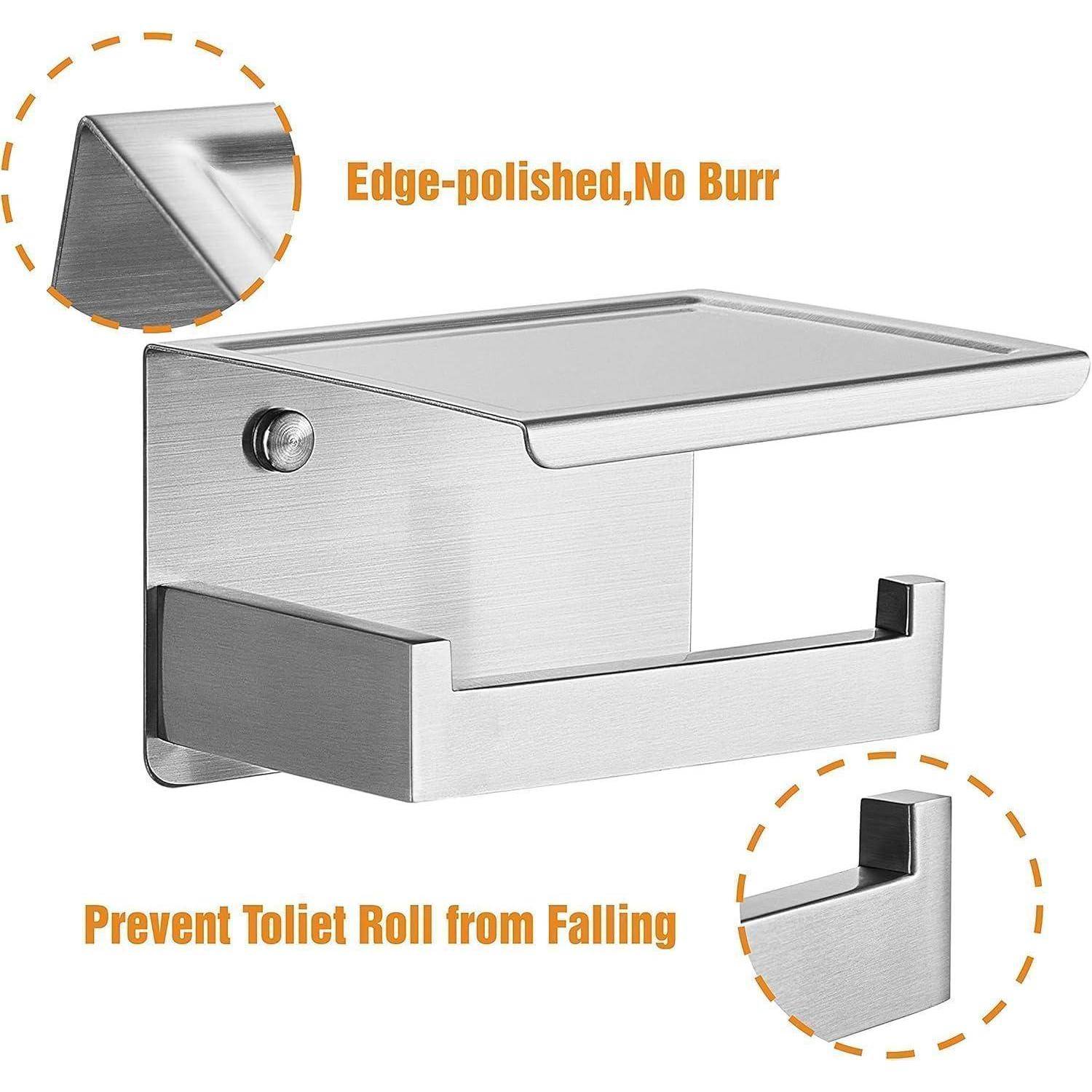 Metall-Toilettenpapierhalter mit Ablage, mit polierten Kanten, beschriftet mit 'Kantenpoliert, Keine Grate' und 'Verhindert Herunterfallen des Toilettenpapiers'.
