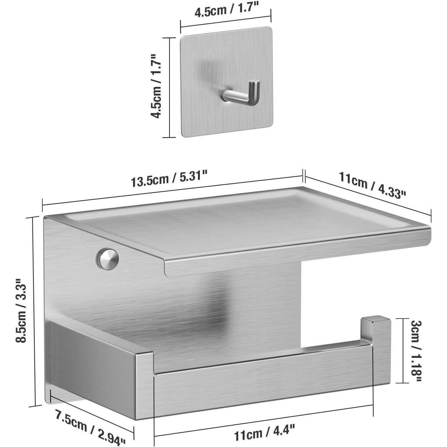 Edelstahl-Toilettenpapierhalter mit Ablage, Abmessungen wie angegeben: Halter 13,5 cm/5,31 Zoll breit, 8,5 cm/3,33 Zoll hoch, 11 cm/4,33 Zoll tief.