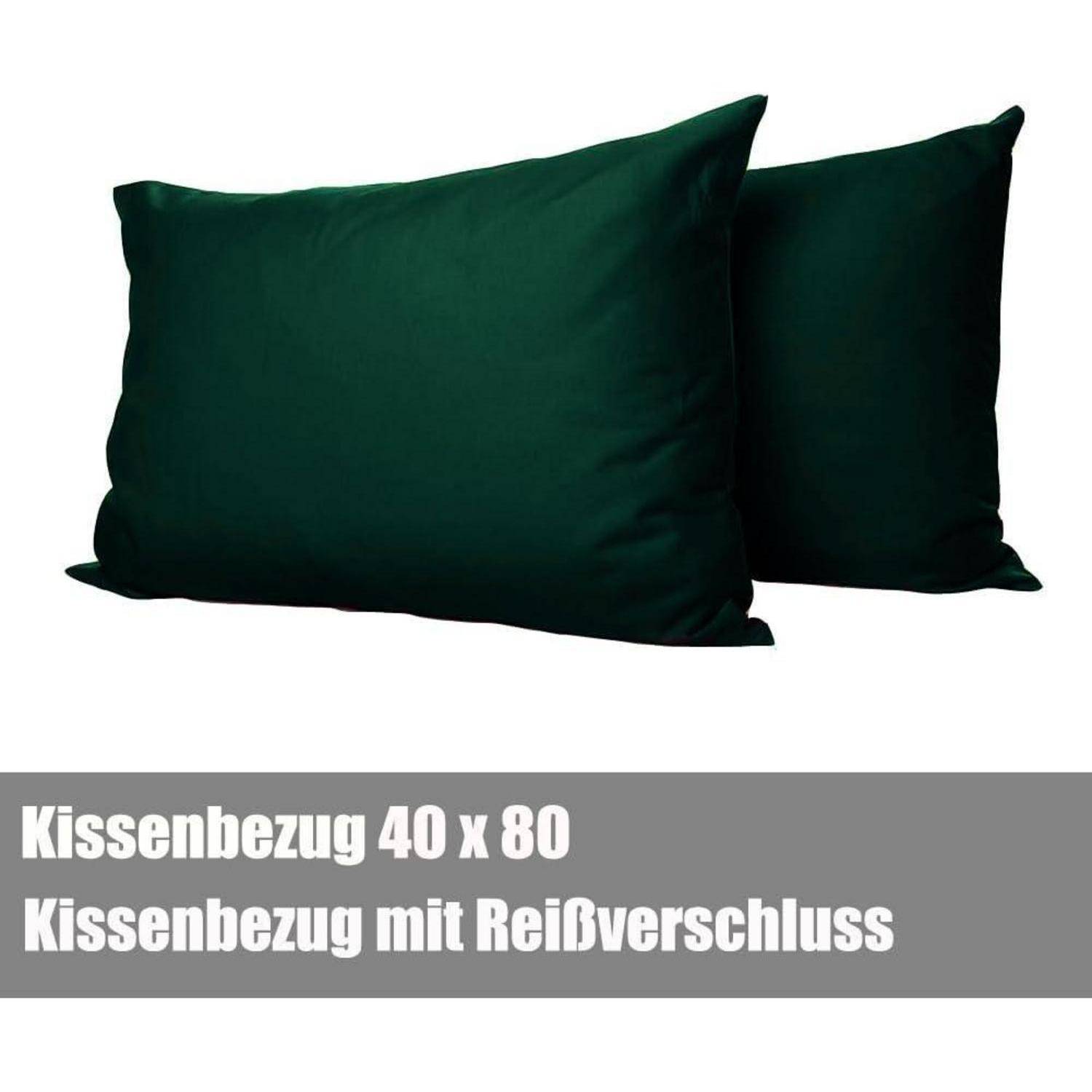 Zwei dunkelgrüne Kissenbezüge, Größe 40 x 80 cm, mit Reißverschluss.