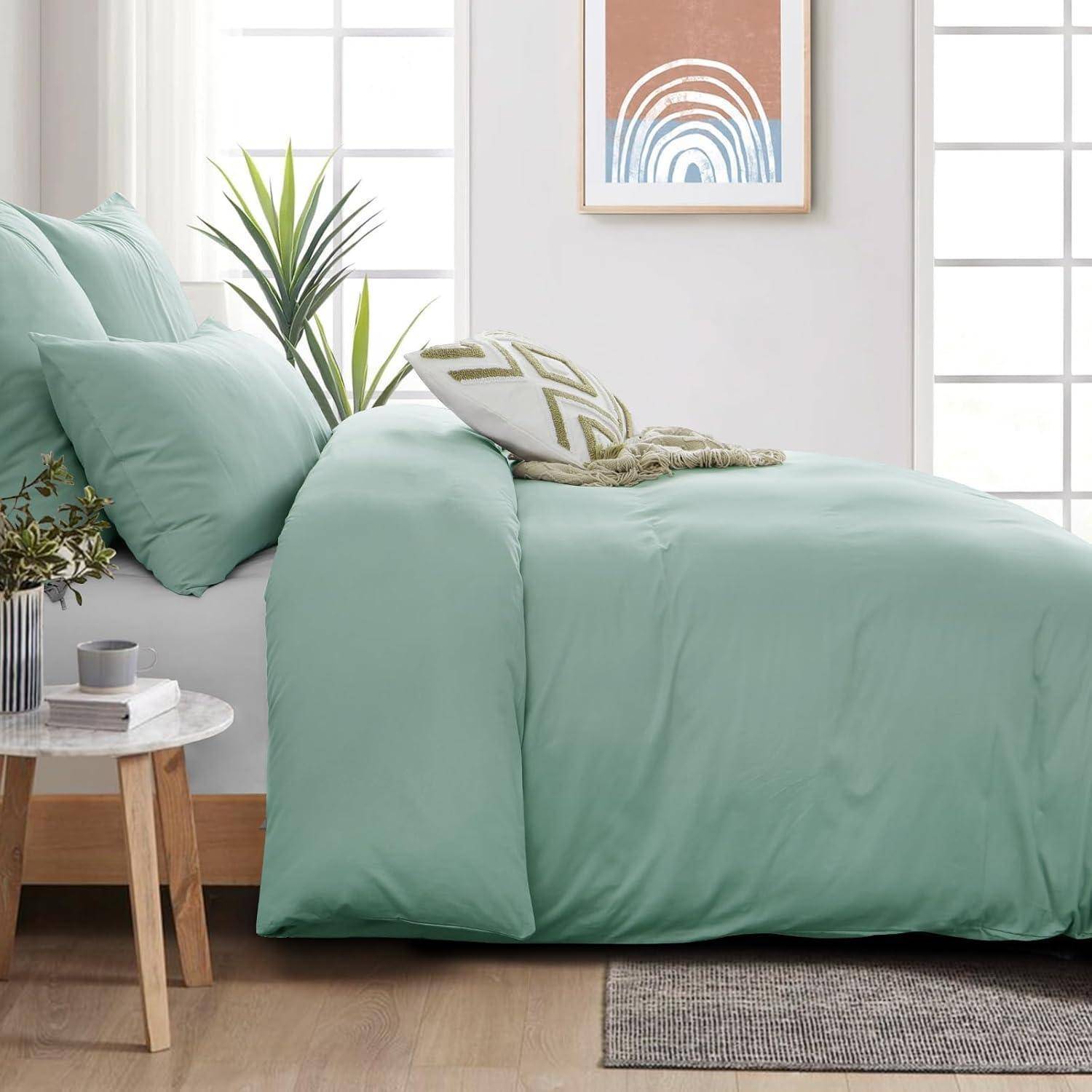 Ein minimalistisches Schlafzimmer mit einer hellgrünen Bettdecke, zwei Kissen, einem geometrisch gemusterten Zierkissen und einem kleinen Holznachttisch mit einer Topfpflanze.