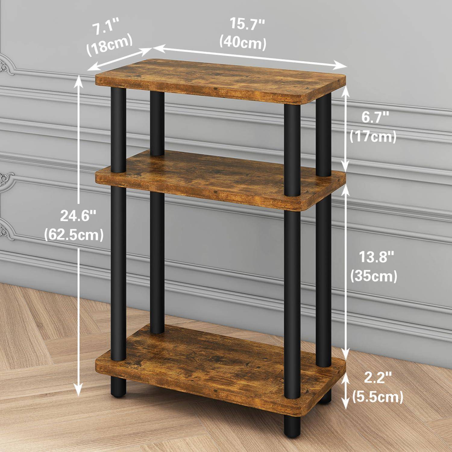 Ein Holz-Regal mit drei Ebenen und schwarzen Metallstützen. Abmessungen: Höhe 24,6