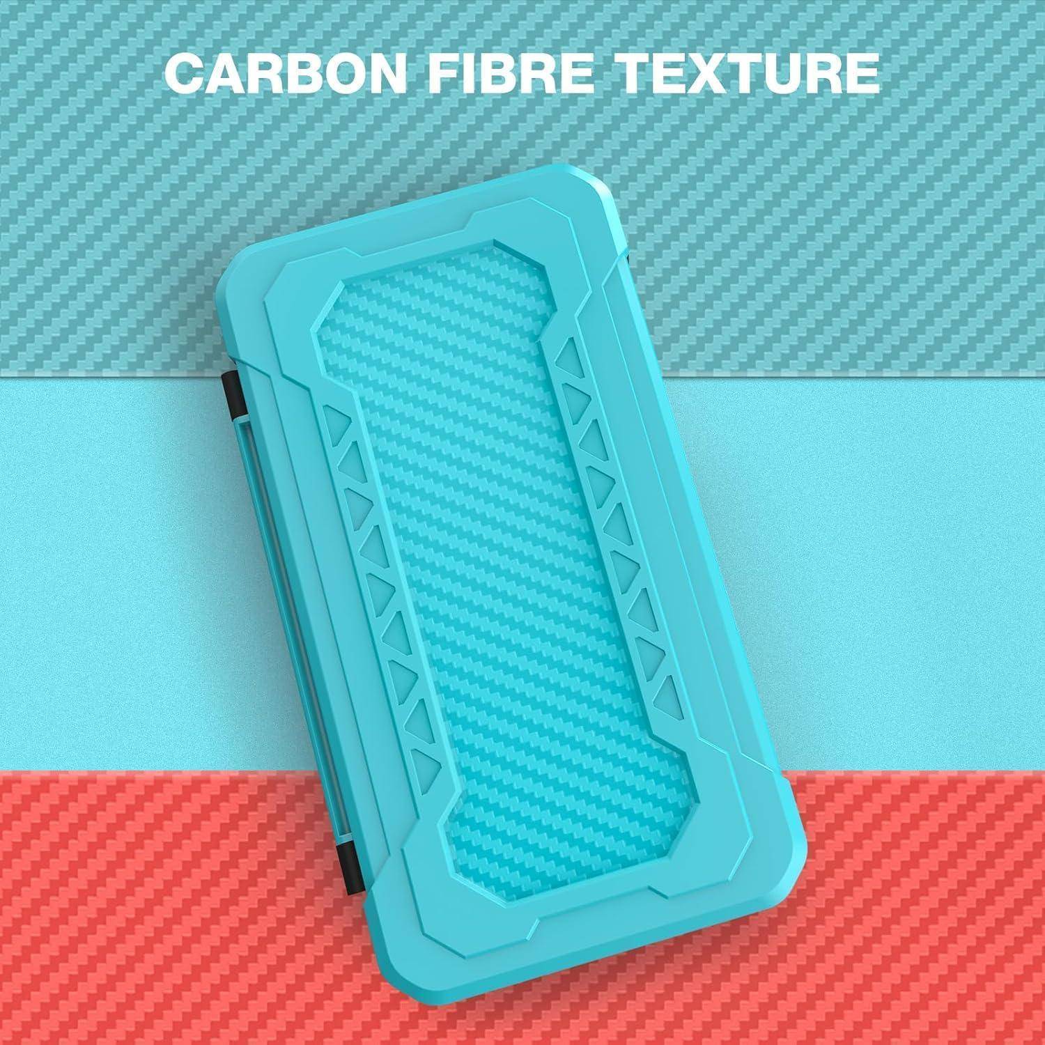 Eine türkisfarbene Hülle mit Karbonfaser-Textur wird über einem blau-roten Hintergrund präsentiert, mit dem Text ‚CARBON FIBRE TEXTURE' darüber.