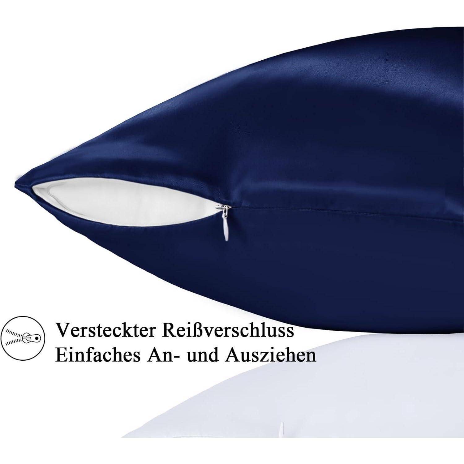 Eine dunkelblaue Kissenhülle mit einem teilweise geöffneten versteckten Reißverschluss, der weißen Stoff im Inneren sichtbar macht. Deutscher Text erwähnt einfaches An- und Ausziehen.