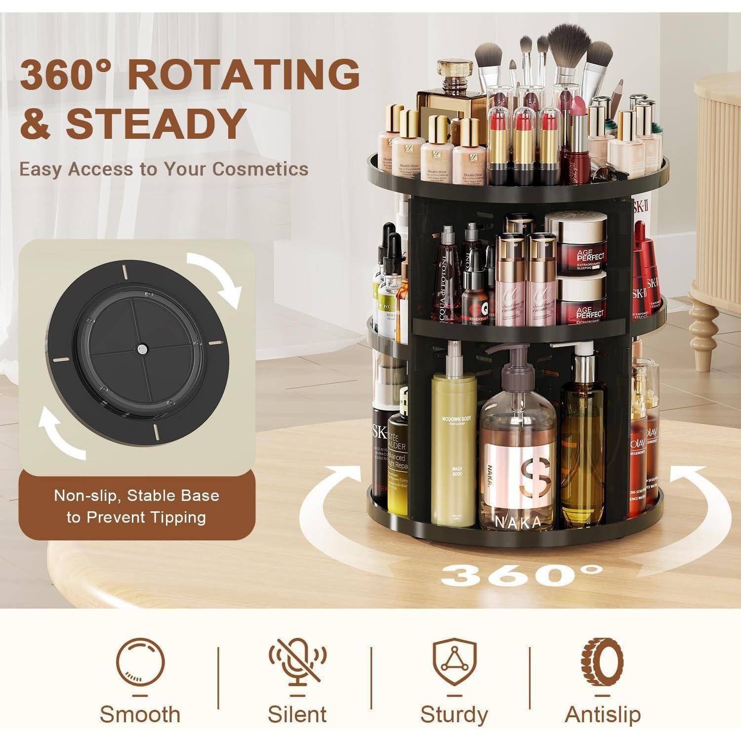 360° rotierender Make-up-Organizer mit rutschfester, stabiler Basis. Einfacher Zugriff auf Kosmetikprodukte, die übersichtlich und ordentlich präsentiert werden.