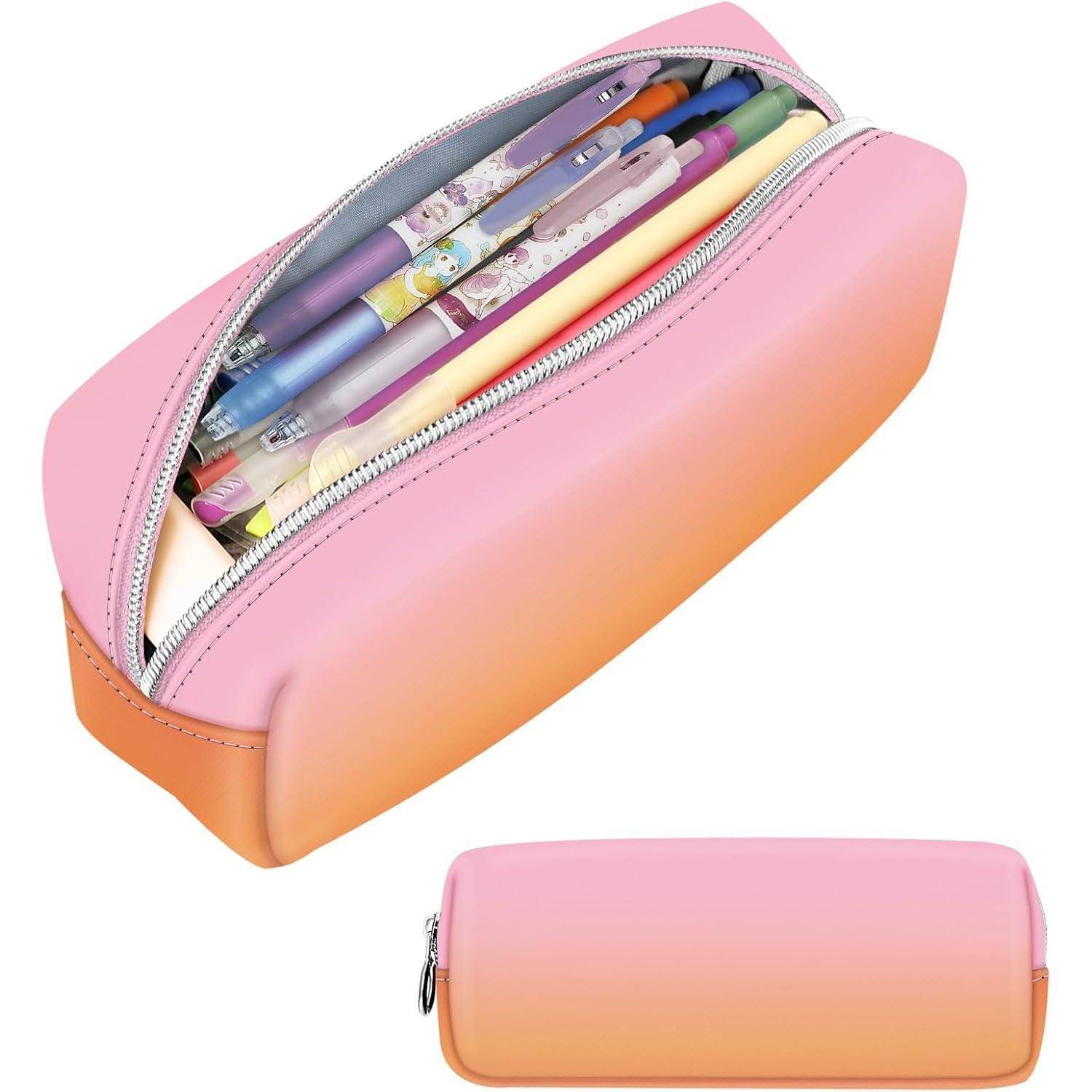 Pinke und orangefarbene Verlaufsstift-Federmappe, geöffnet, um bunte Stifte und Bleistifte im Inneren zu enthüllen.