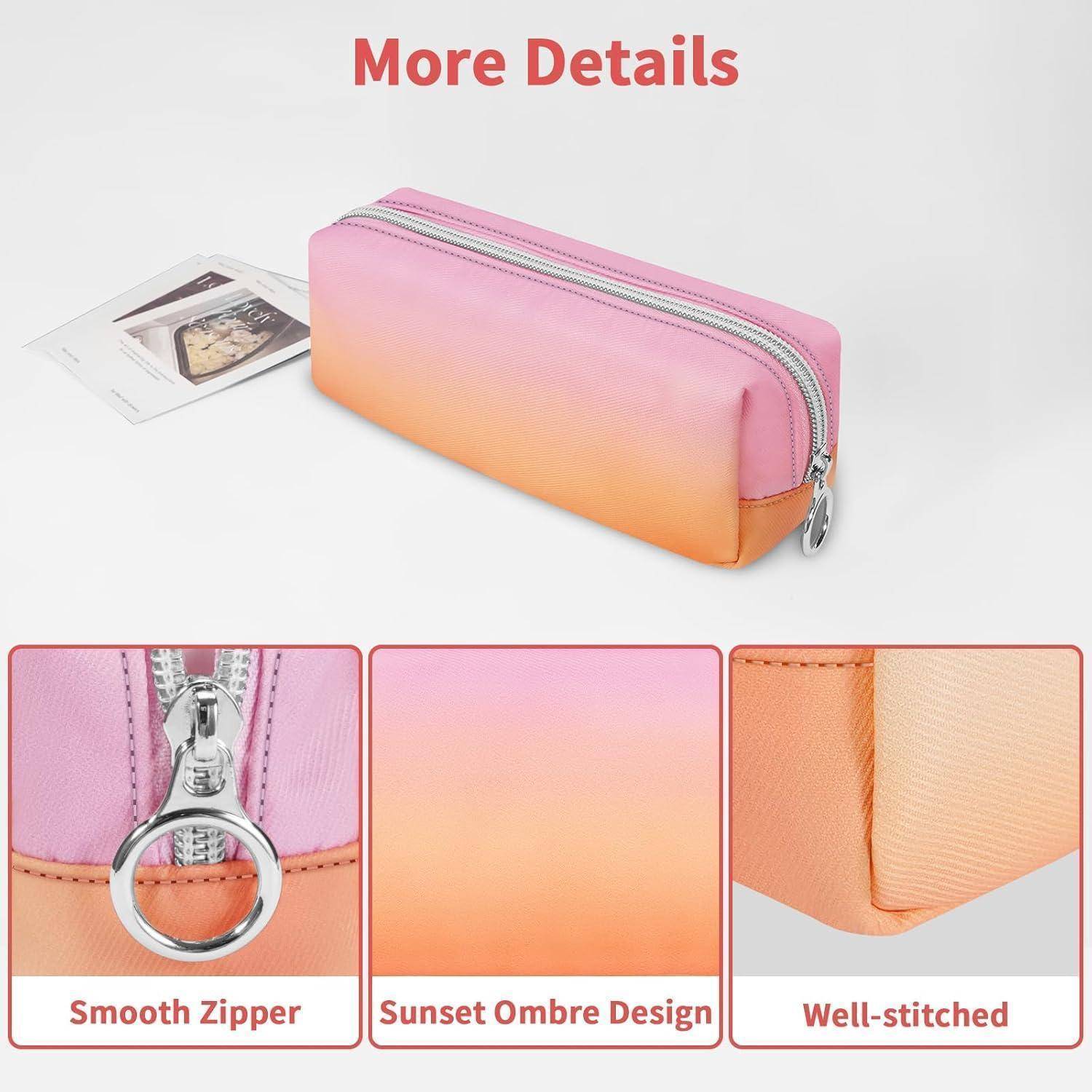Weitere Details' über eine rechteckige, Sonnenuntergang-Ombre Federmappe. Darunter Bilder, die 'Gängiger Reißverschluss', 'Sonnenuntergang-Ombre Design', 'Sorgfältig genäht' hervorheben.