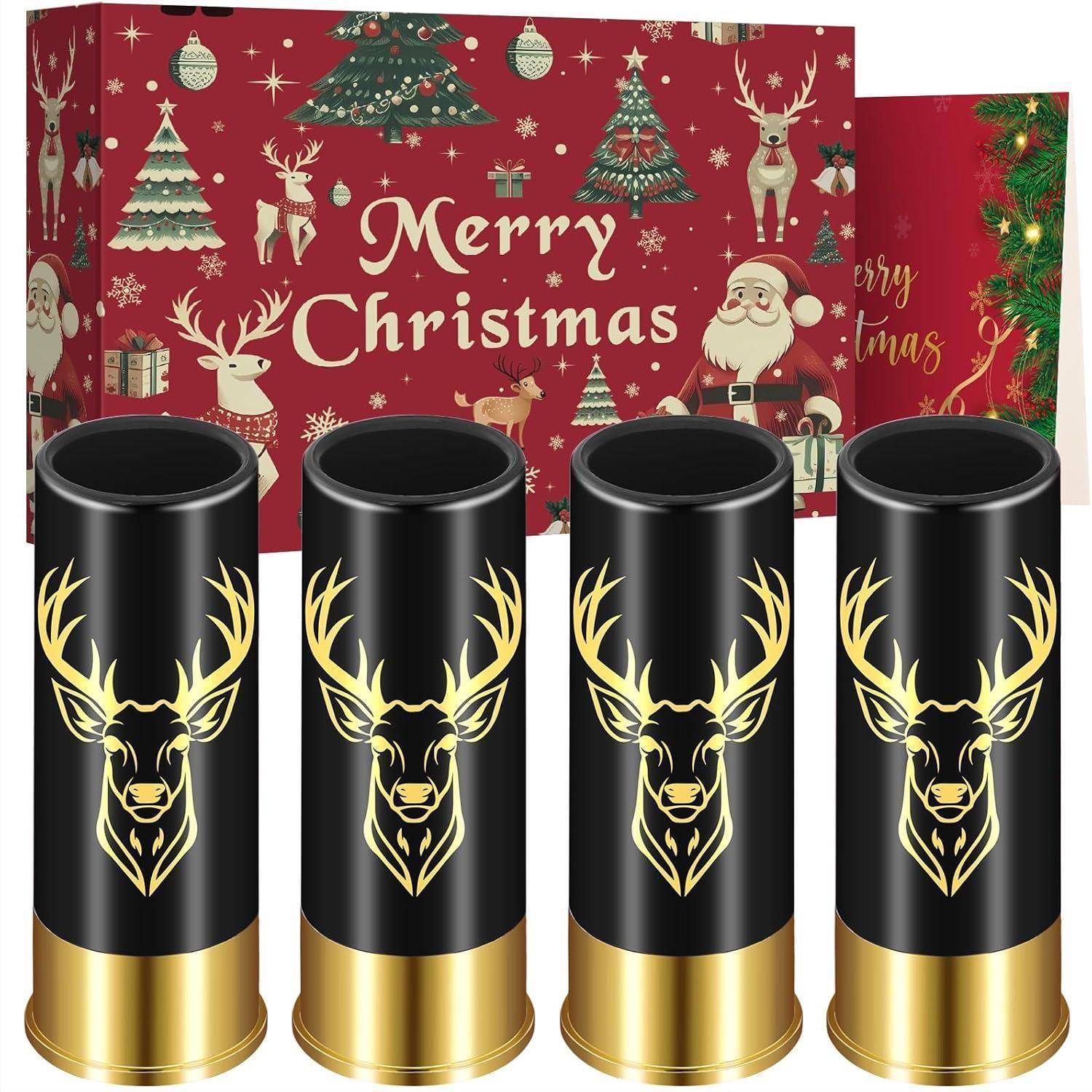 Vier schwarze und goldene hirschmotive-Gläser vor einer festlichen roten Box mit der Aufschrift 'Frohe Weihnachten', versehen mit weihnachtlichen Symbolen und dem Weihnachtsmann.