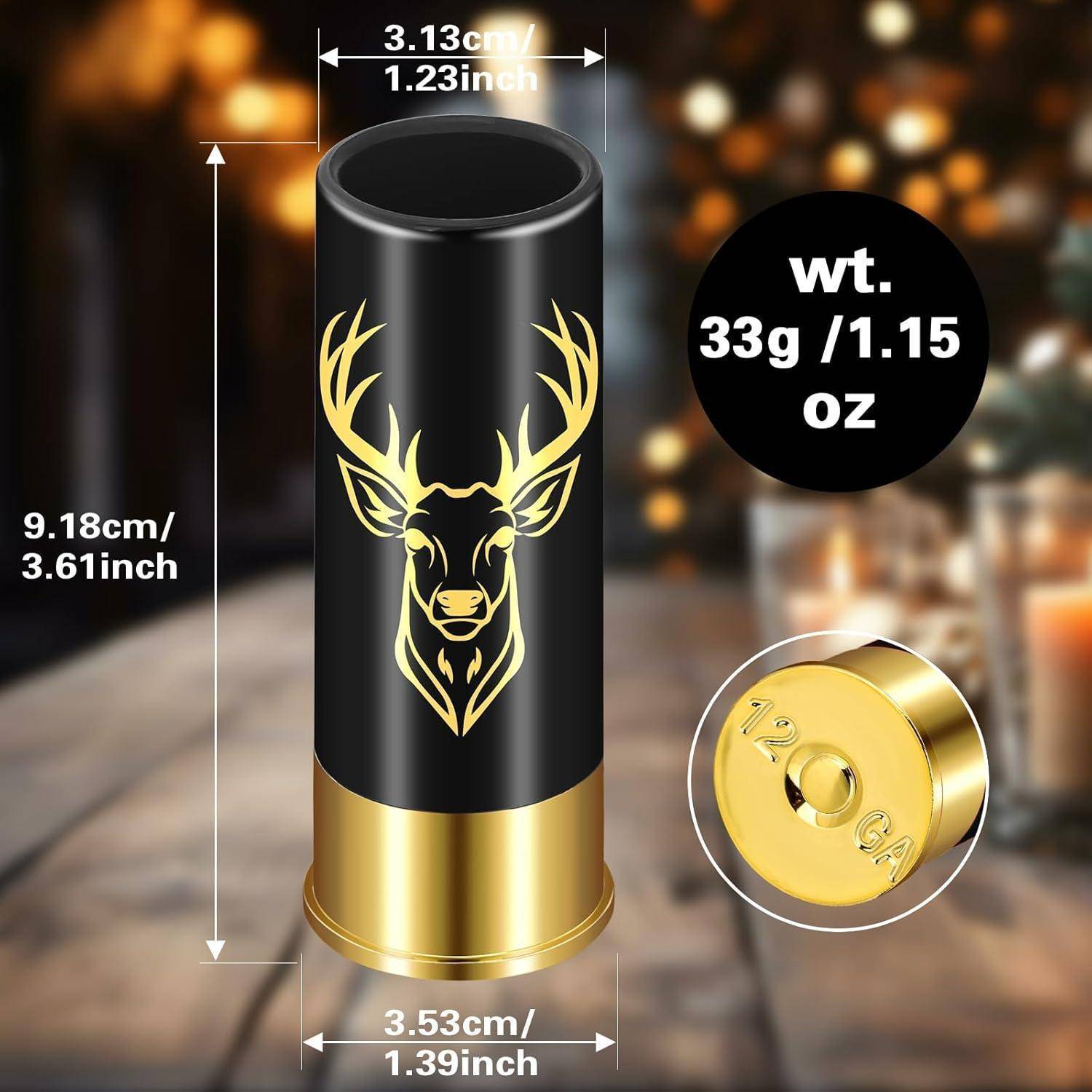 Eine schwarz-goldene 12-Gauge-Verzierung mit einem Hirsch-Emblem, die Abmessungen von 3,53 cm × 3,13 cm und ein Gewicht von 33 g/1,15 oz vor einem unscharfen Hintergrund zeigt.