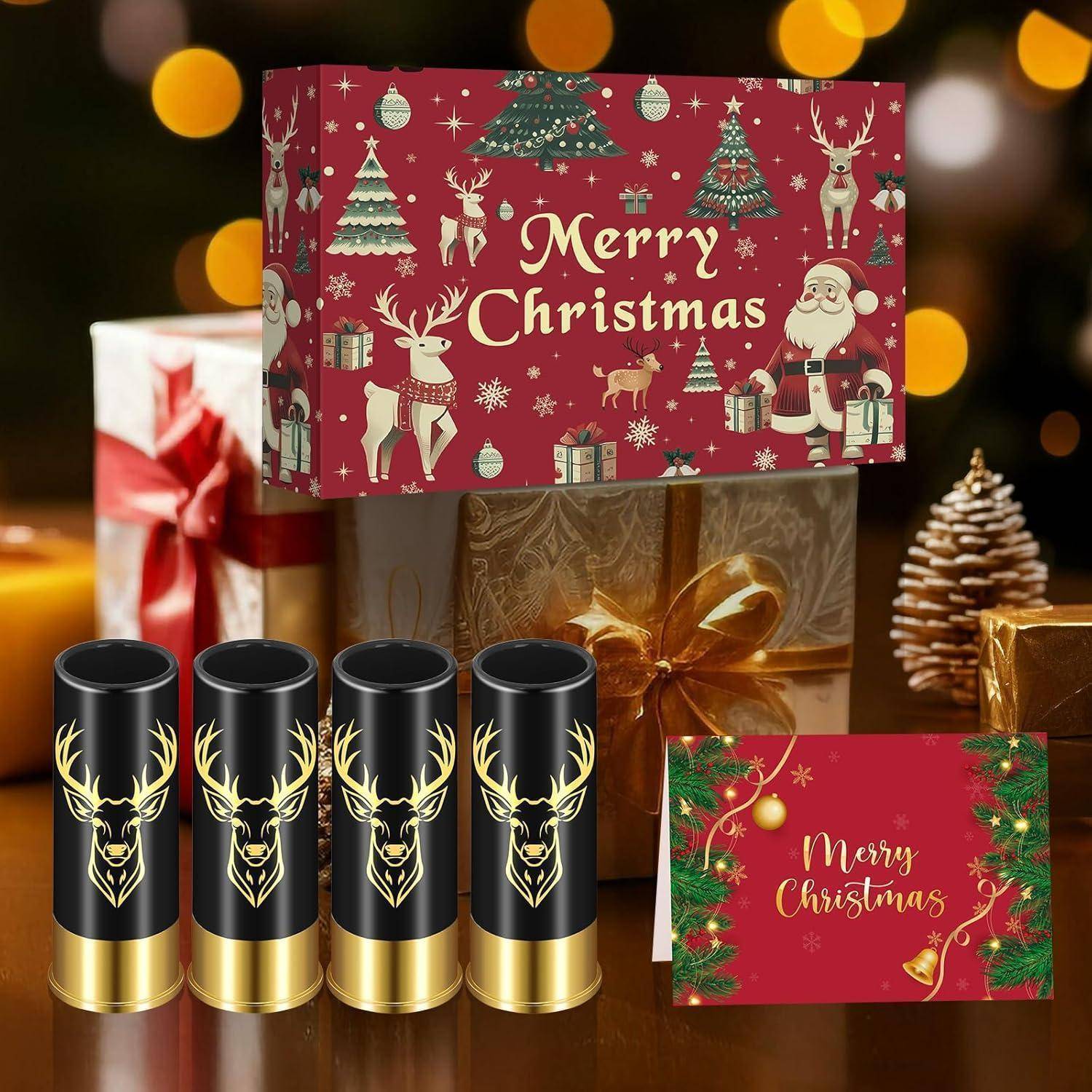 Elegantes Weihnachtsgeschenkset mit Hirsch-Motiv-Kerzen und einer festlichen Karte mit der Aufschrift „Frohe Weihnachten