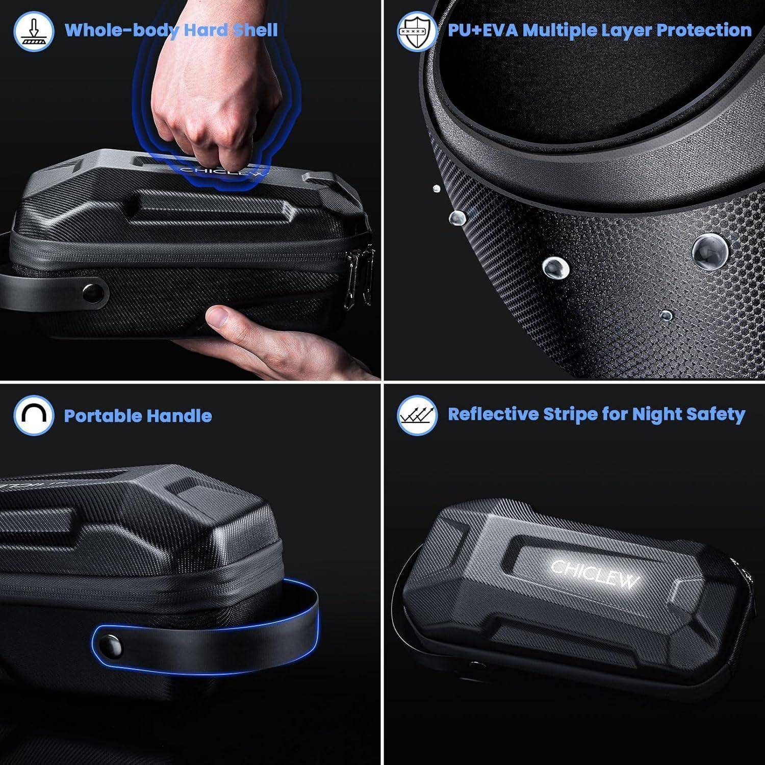 Das Bild zeigt einen mehrkammerigen Koffer mit harter Schale, mehrschichtigem Schutz, einem tragbaren Griff und reflektierenden Streifen für mehr Sicherheit.